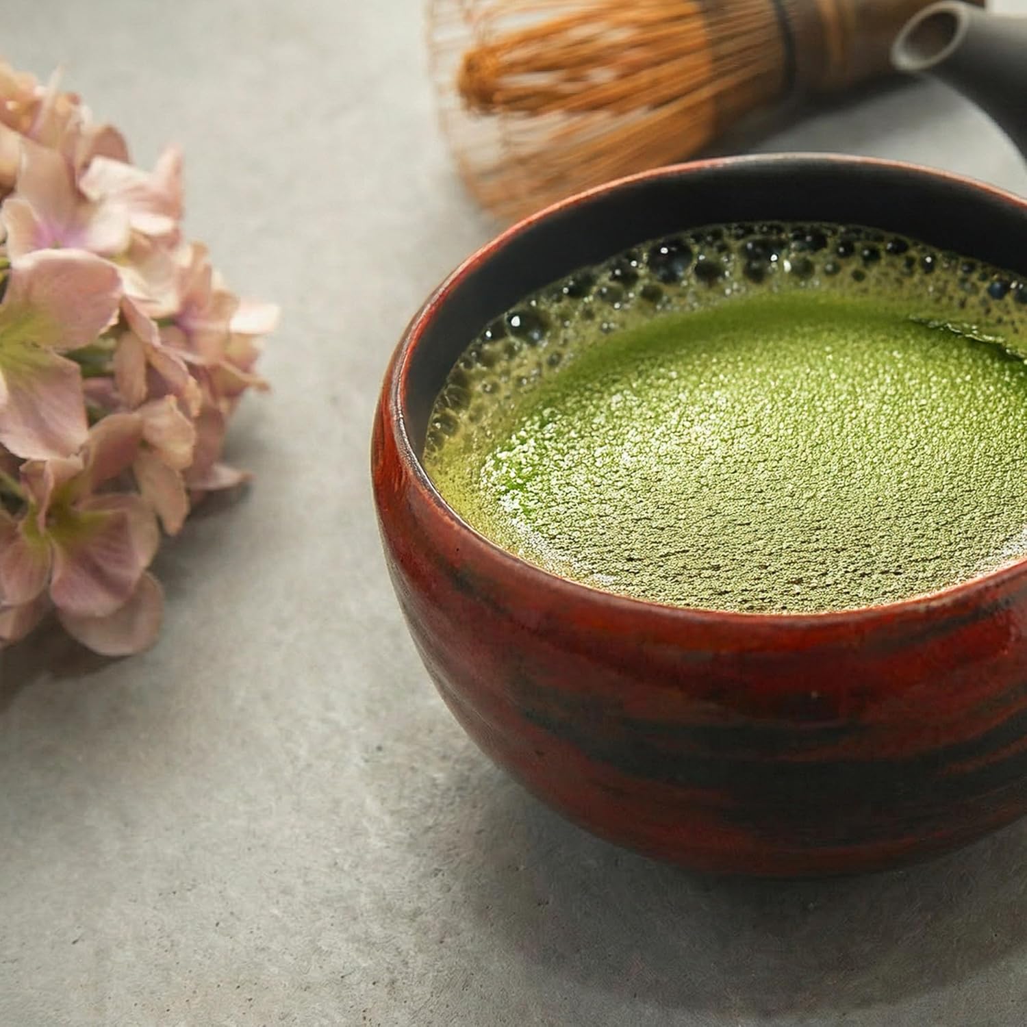 Handmade Japanese Matcha Bowl, Mino Ware Stoneware Tea Bowl (Red Brush)