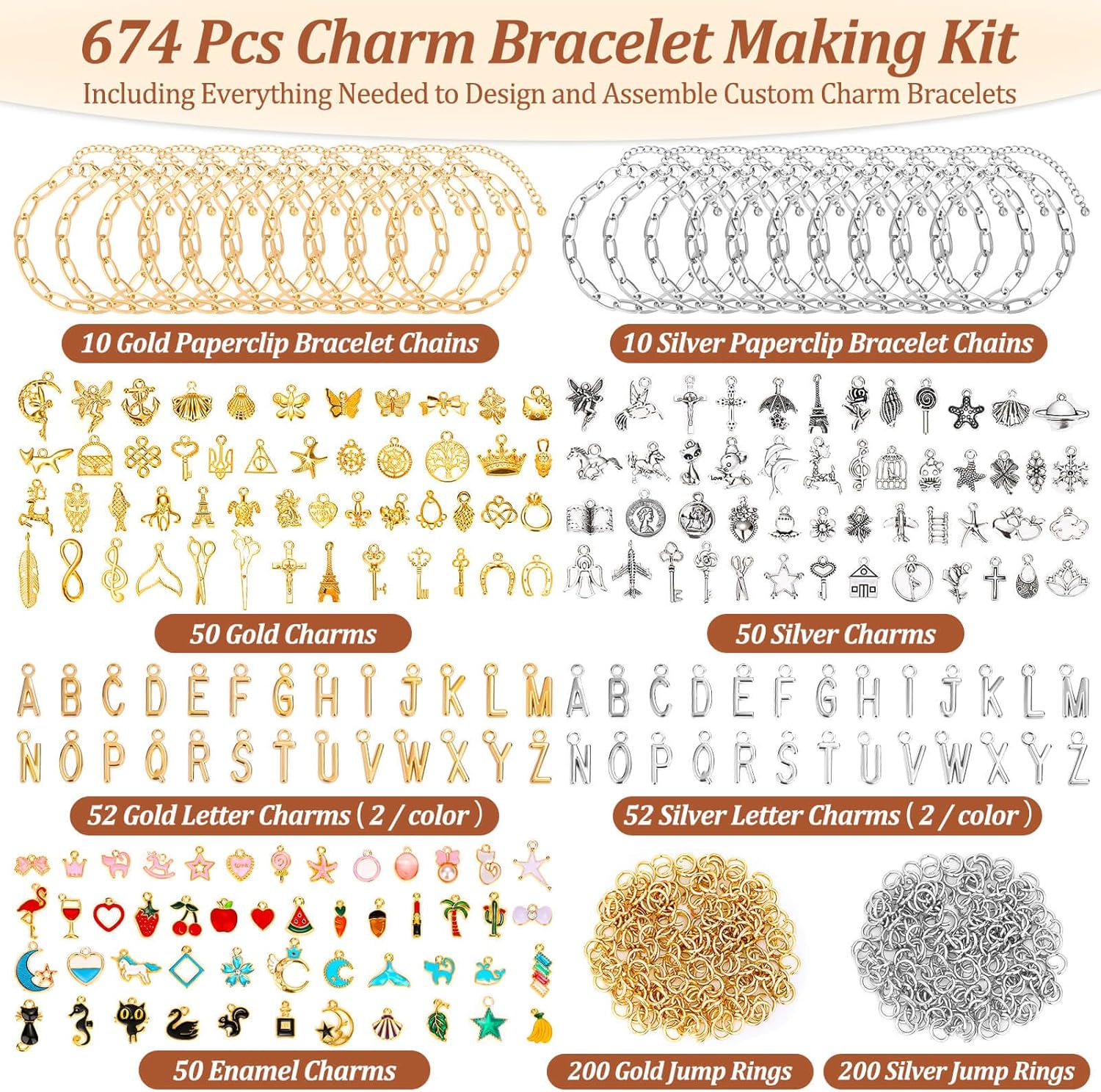 Mckanti 674 Pieces Charm Bracelet Making Kit, Including Paperclip Chain Bracelets, Charms, Jump Rings for DIY Bracelet Making(Gold & Silver) - Image 2