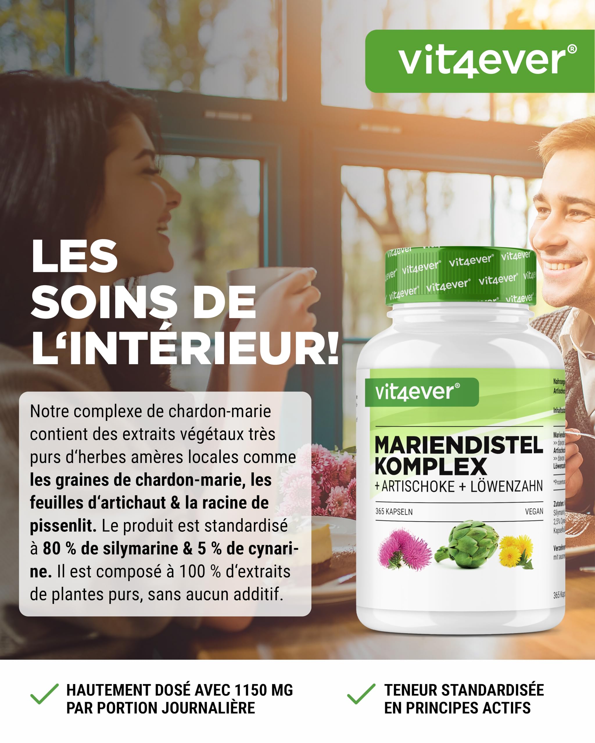 Chardon-Marie Artichaut Pissenlit Complexe - 365 capsules (6 Mois d'Approvisionnement) - Hautement Dosé avec 80% de Silymarine & 2,5% de Cynarine - Vegan