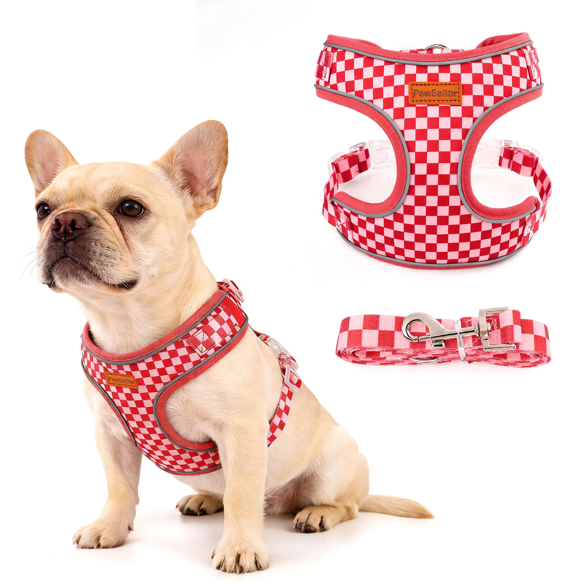 PawSailor Dog Harness Small Dog with Lead Set No Pull Breathable Mesh Puppy Harnesses with Adjustable Buckles Reflective Soft Padded Checkered Pattern Pet Vest for Small Dogs and Cats, Red XS