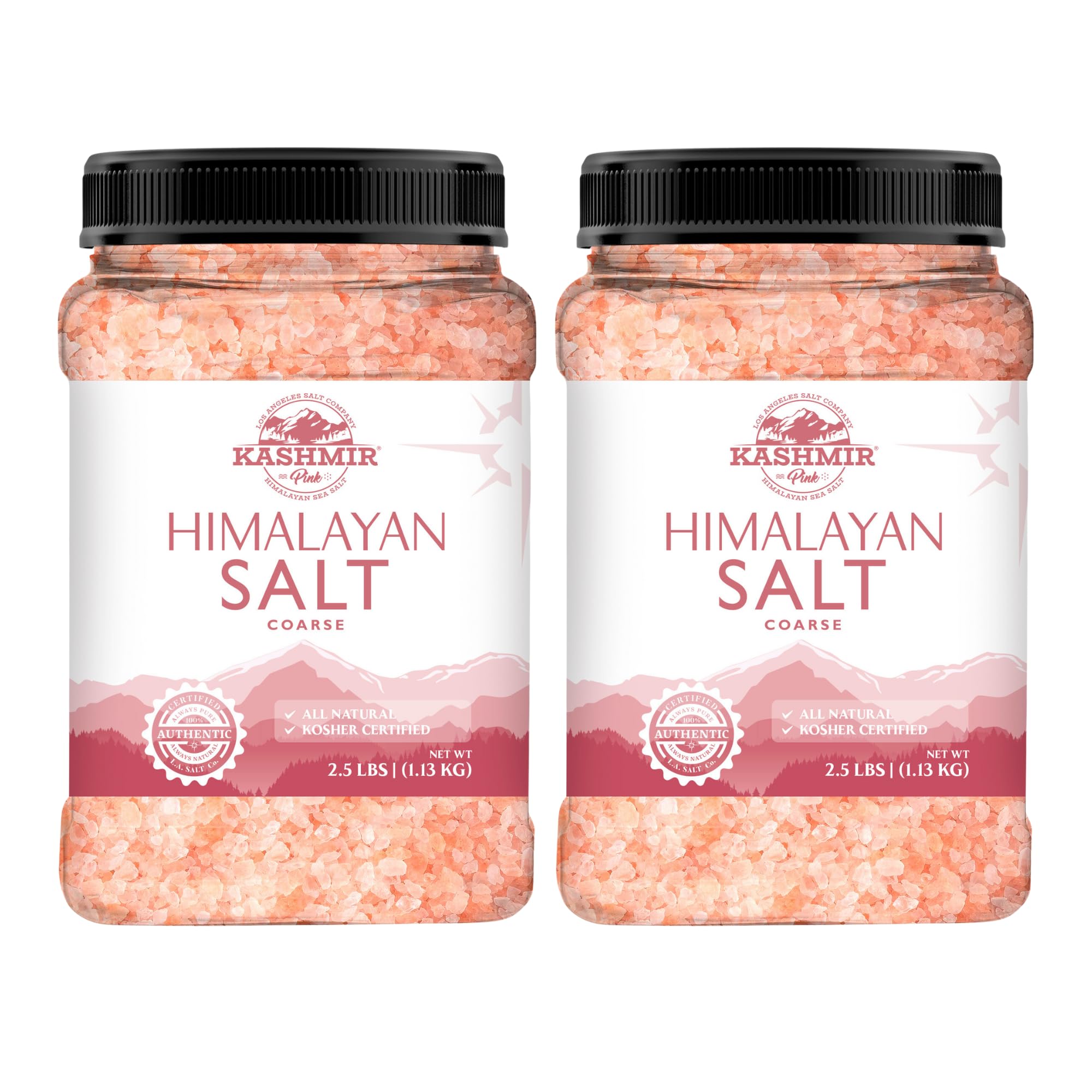 LA SALT CO Kashmir 2.5 Lbs Pink Himalayan Salt Jar, Coarse, 2 Pack | 100% Pure, Food Grade with 84 Trace Minerals | Kosher Certified, Vegan, Non-GMO, & Cruelty-Free