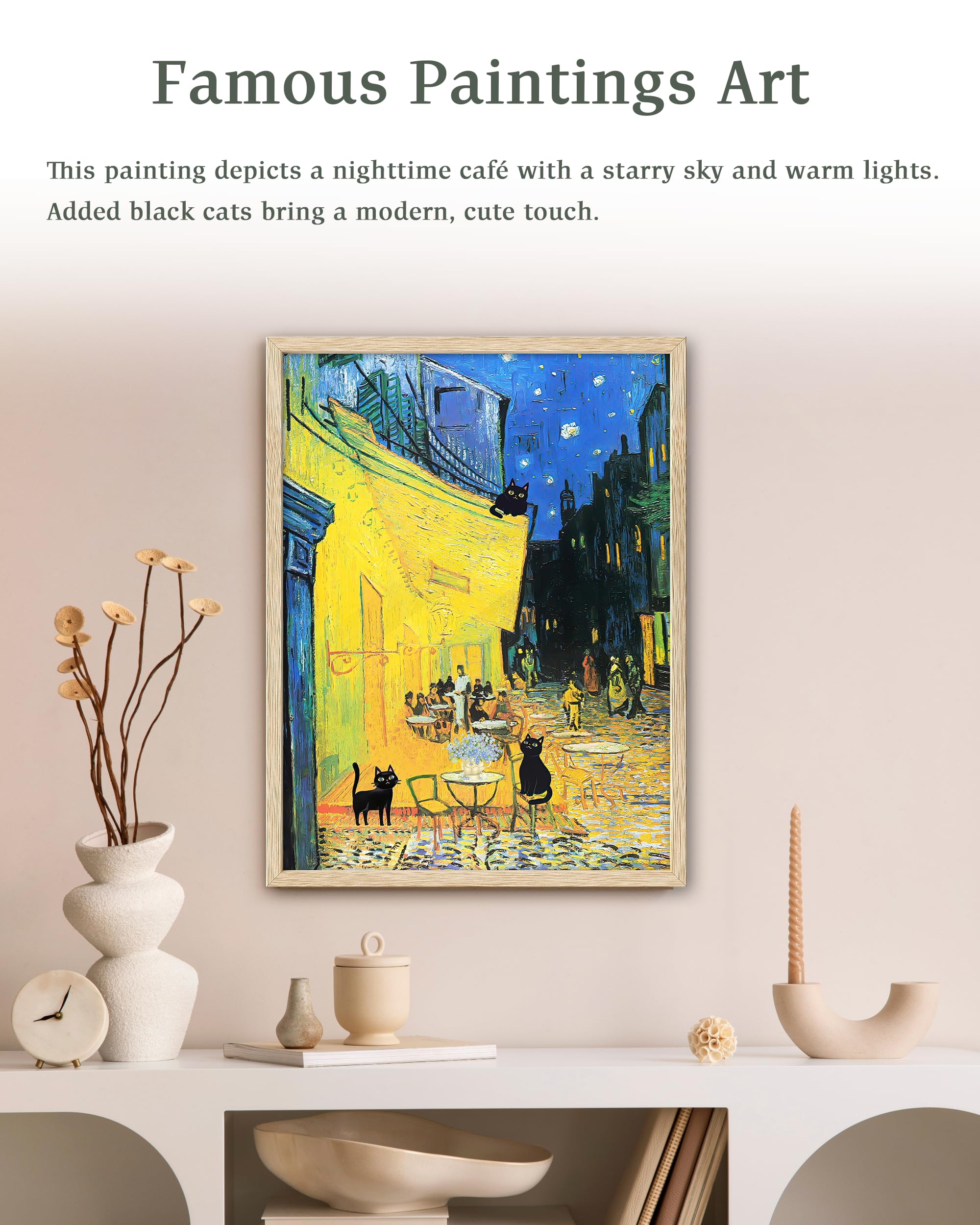 UPWOIGH Beige Oak Wood Framed Canvas Wall Art,30x40CM,3 Black Cats at Vincent Van Gogh's Cafe Terrace at Night,Impressionist Painting,French Cityscape Print,Funny Cat for Kids Room Bathroom,1Pack - Image 2