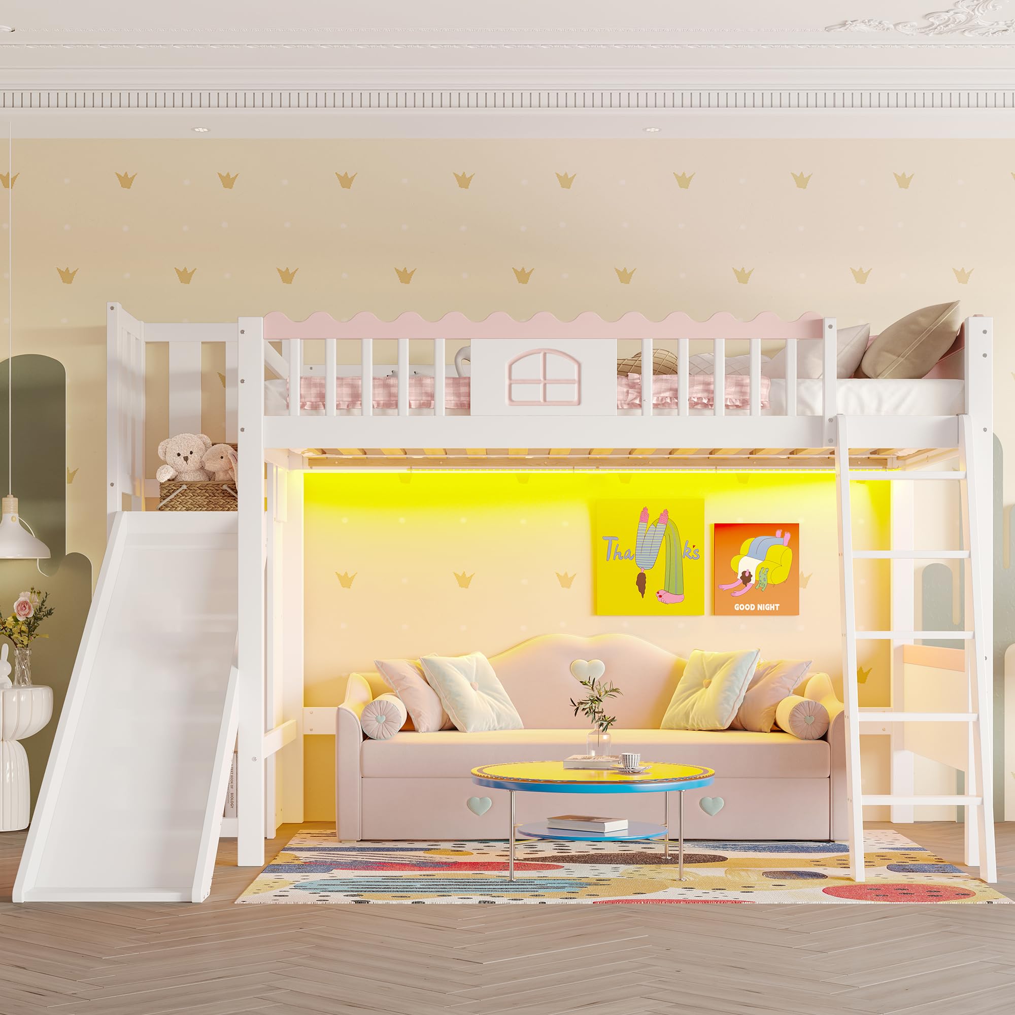 Merax Kinderbett 90x200, Hochbett mit Rutsche und Stauraum, Jugendbett Mädchenbett, LED-Bettgestell mit Lattenrost(ohne Matratze), Einzelbett aus Kiefernholz, EN747 Zertifiziert, Weiß
