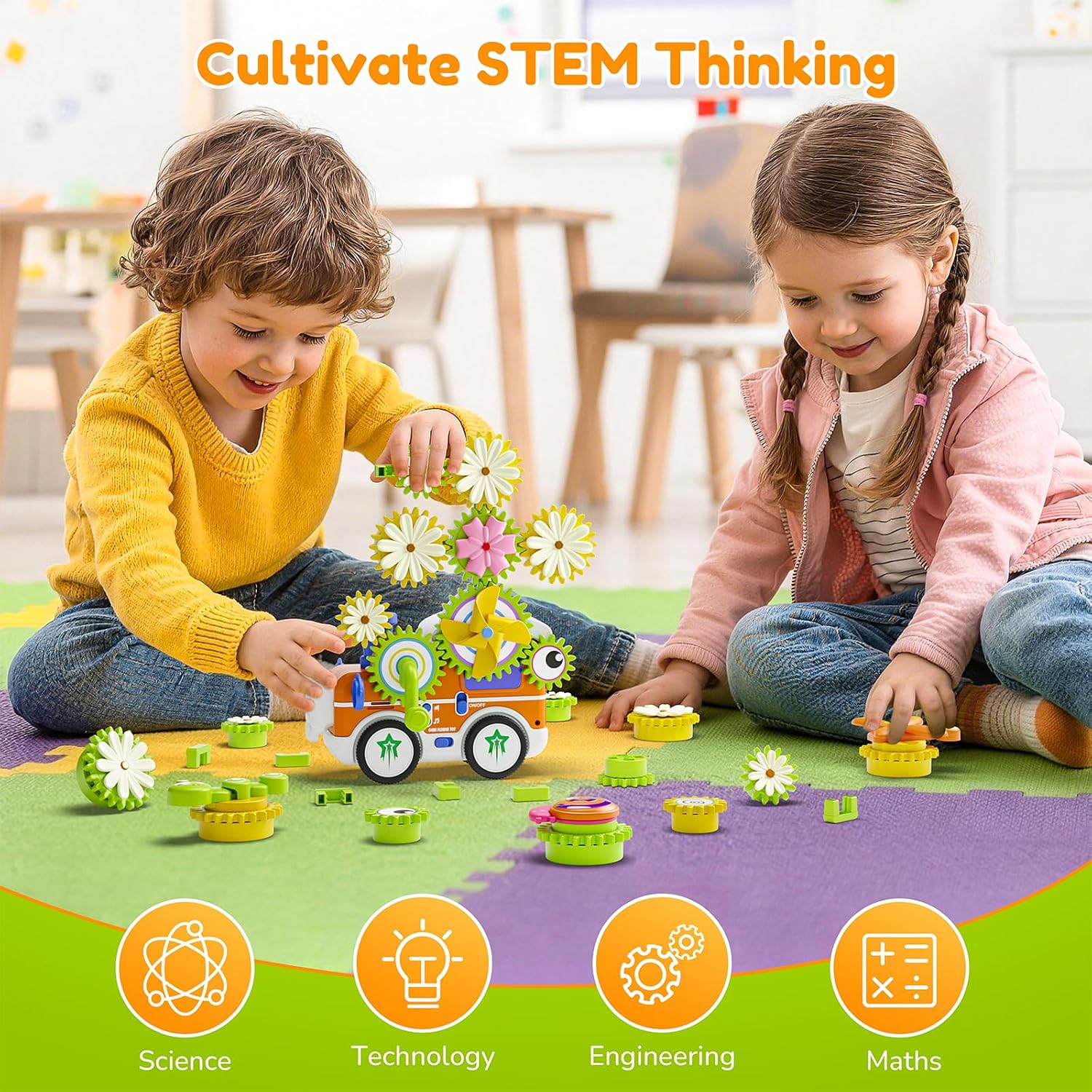 Gears Building Toys for Kids Ages 3+, STEM Construction Set for Toddlers, Train and Flower Models with Electric & Manual Modes, Lights and Music, DIY Educational Learning Toys Gift for Boys and Girls