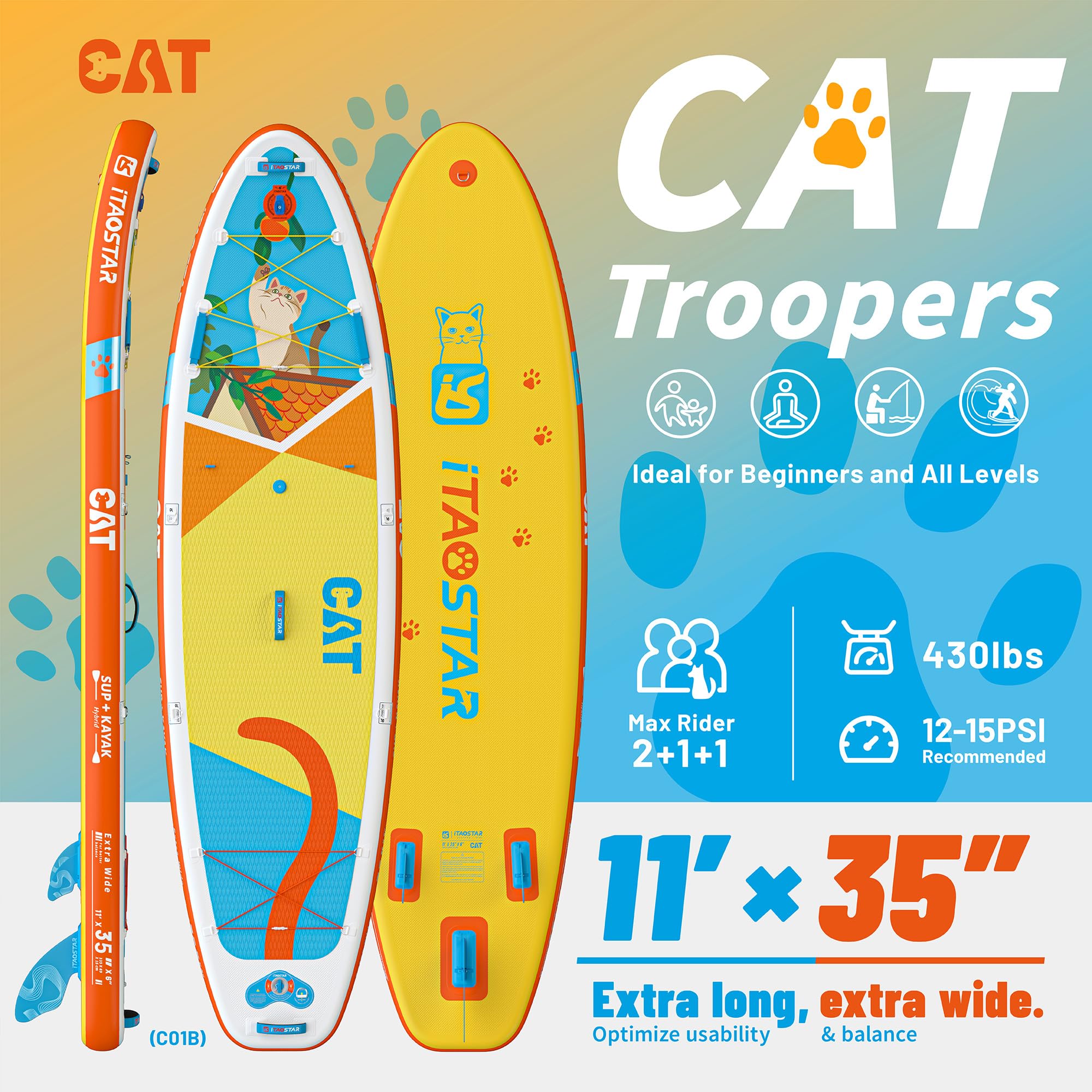 iTAOSTAR Tavola gonfiabile SUP 11'10'15,2 cm con pala Adj, copertura EVA antiscivolo, zaino 120 L