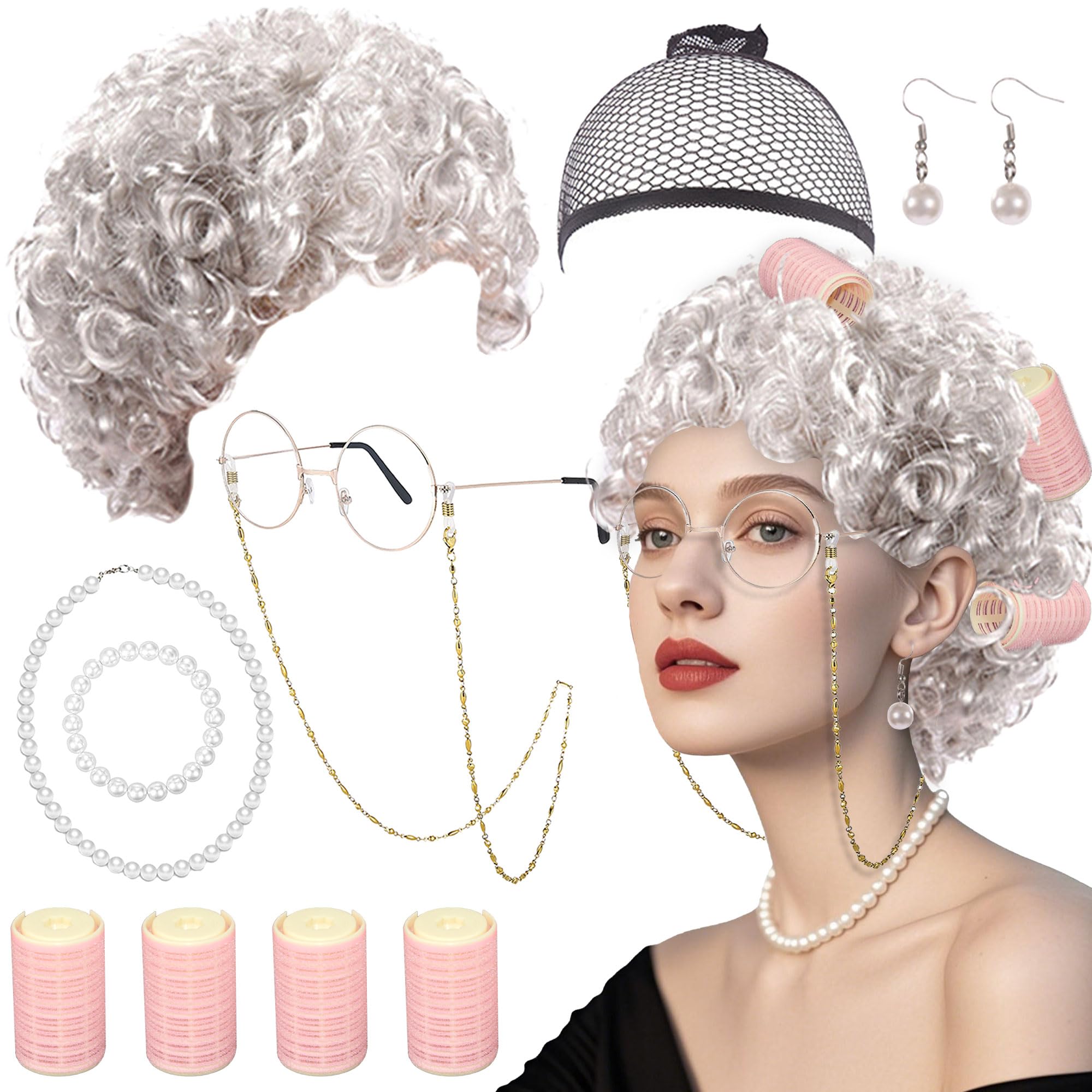 BACH AND BOUJEE Old Lady Costume Set Grey Wig Grandma Wig Granny Glasses with Chain Necklace Earrings Bracelet Old Lady Fancy Dress Accessories