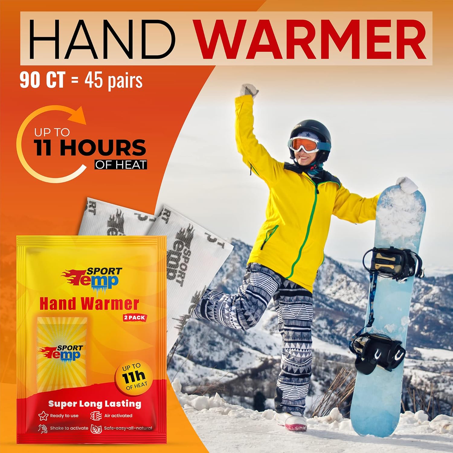 Hand Warmers (45 Pairs) - Up to 11 Hours of Heat, Super Long Lasting - Easy, All Natural - Air Activated, for Body, Hands & Toes - Odorless Hot Hand Warmer - Sport Temp : Sports & Outdoors