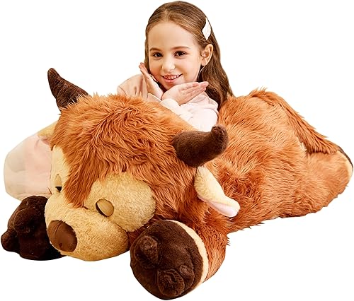 IKASA Juguete de peluche de vaca gigante de las tierras altas, gran vaca escocesa de las tierras altas, juguetes suaves jumbo, tamaño enorme de 33