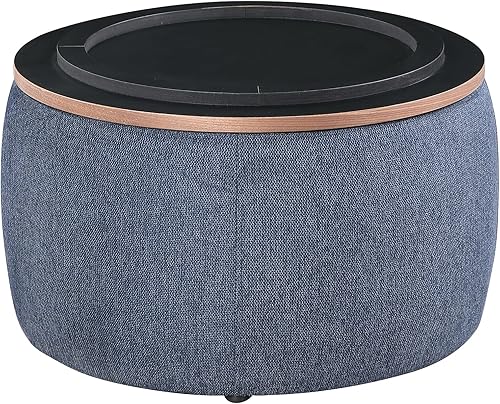 Miniatura 7 de Morden Fort Otomana redonda de almacenamiento reposapiés de mesa de café con cubierta de madera para sala de estar color azul