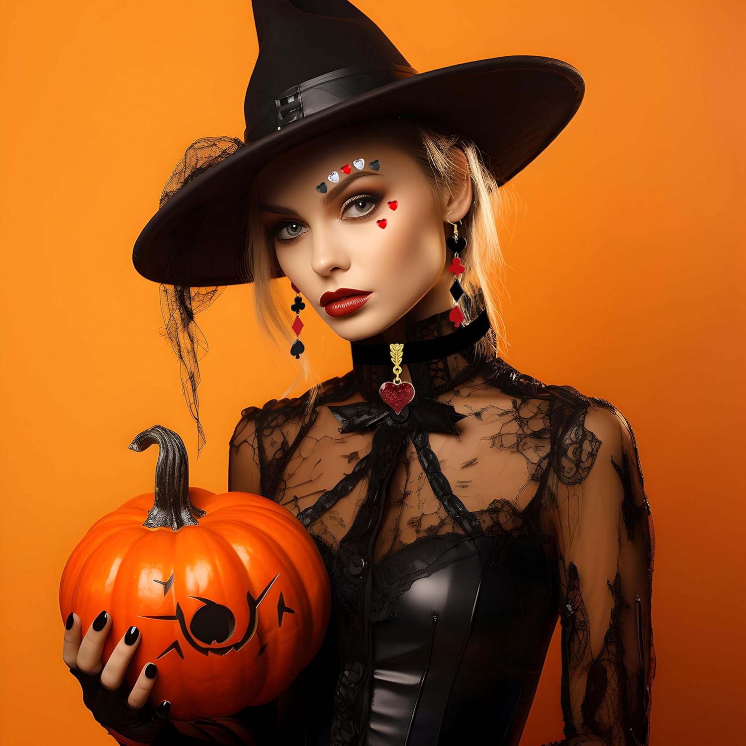 7Pcs Halloween Queen of Hearts Costumes Accessories for Women Crown Headband Scepter Wand Necklace Earring Tattoo Sticker Ring for Party Cosplay - Image 6