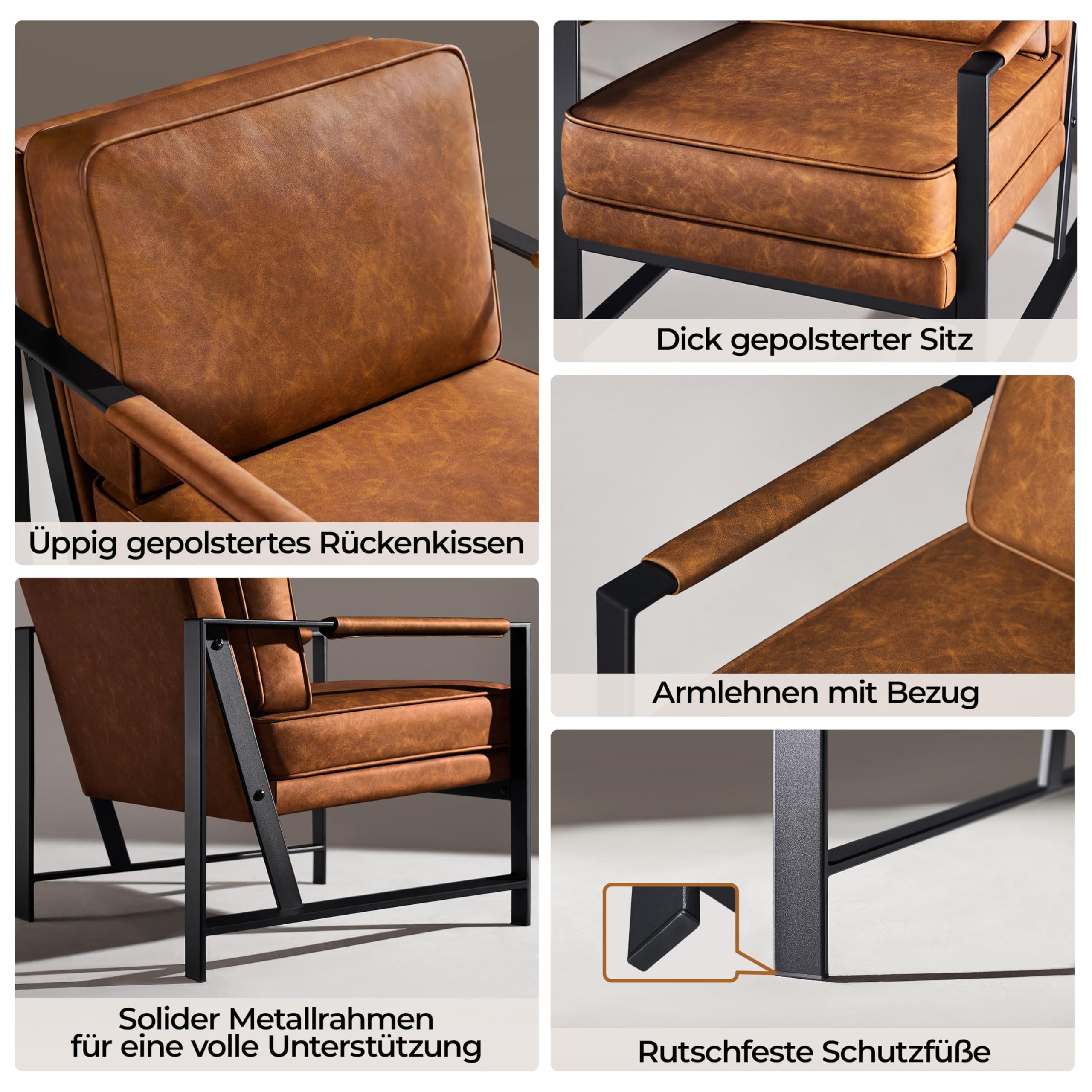 Yaheetech Retro Sessel Stuhl Lehnstuhl Relaxsessel mit Rückenlehne Einzelsessel mit Metallrahmen und Kunstleder, Hellbraun