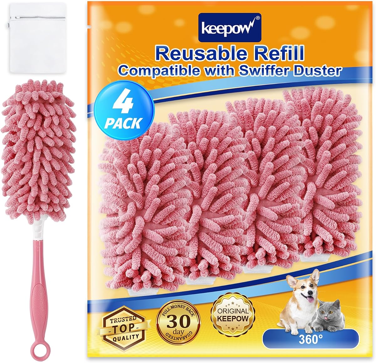 KEEPOW 4Pk Pink Duster Refills Compatible with Swiffer Hand, Microfiber Pad | Reusable Microfiber Pads Compatible with Swiffer Dusters Refills, Heavy Duty Dusting for Furniture & Blinds, Pink, 4 Pack