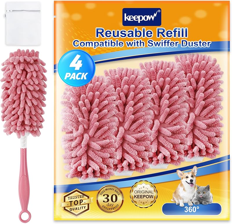 KEEPOW 4Pk Pink Duster Refills Compatible with Swiffer Hand, Microfiber Pad | Reusable Microfiber Pads Compatible with Swiffer Dusters Refills, Heavy Duty Dusting for Furniture & Blinds, Pink, 4 Pack