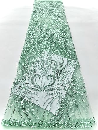 Stretch African Net Lace Fabric Embellished with Beads Sequins Pearls for Dressmaking Craft Projects Green,5 Yards