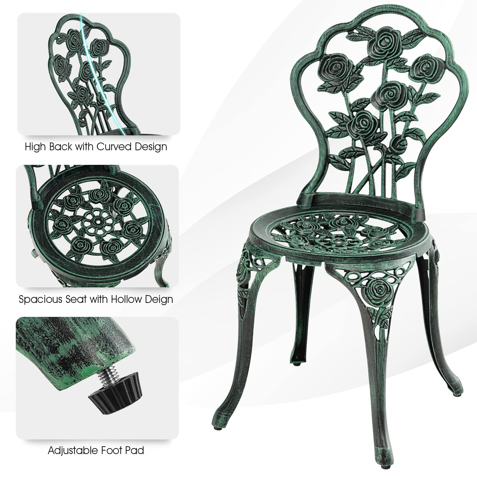 GIANTEX 3-teiliges Bistro Set, Bistrotisch mit 2 Stühlen, Gartenmöbel Set Aluminium, Gartenset Balkonset Antik, Runder Gartentisch, Balkonmöbel Set Garten Sitzgruppe 2 Sitzhocker Outdoor (Bronzegrün)