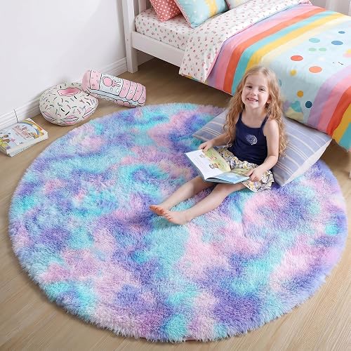 Amdrebio Purple Rainbow Round Rug 6Ft for Bedroom Girls Room Decor, Mermaid Stitch Frozen Kids Rugs for Playroom Nursery Classroom, Fluffy Fuzzy Cute Shag Carpet, Plush Circle Area Rugs for Princess