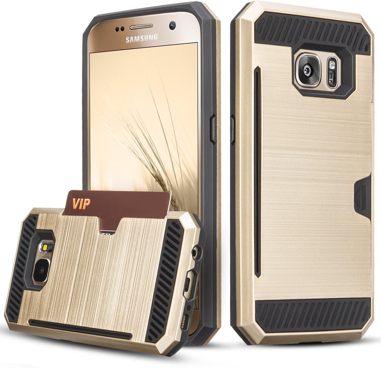 Galaxy S7 Case, TILL(TM) Wallet Case [Card Pocket] Shockproof Dual Protective Shell Rubber Bumper with Card Holder Slot Kickstand Case Cover for Samsung Galaxy S7 S VII G930 GS7 All Carrier [Gold]