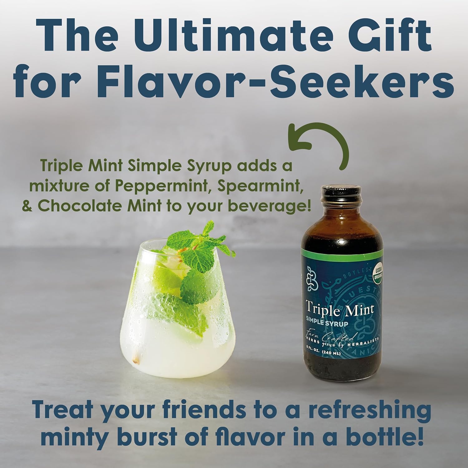 Bluestem Botanicals Organic Triple Mint Simple Syrup, 8 oz, Cocktail and Mocktail Mixer for Drinks, Non-Alcoholic, Peppermint, Spearmint, Chocolate Mint
