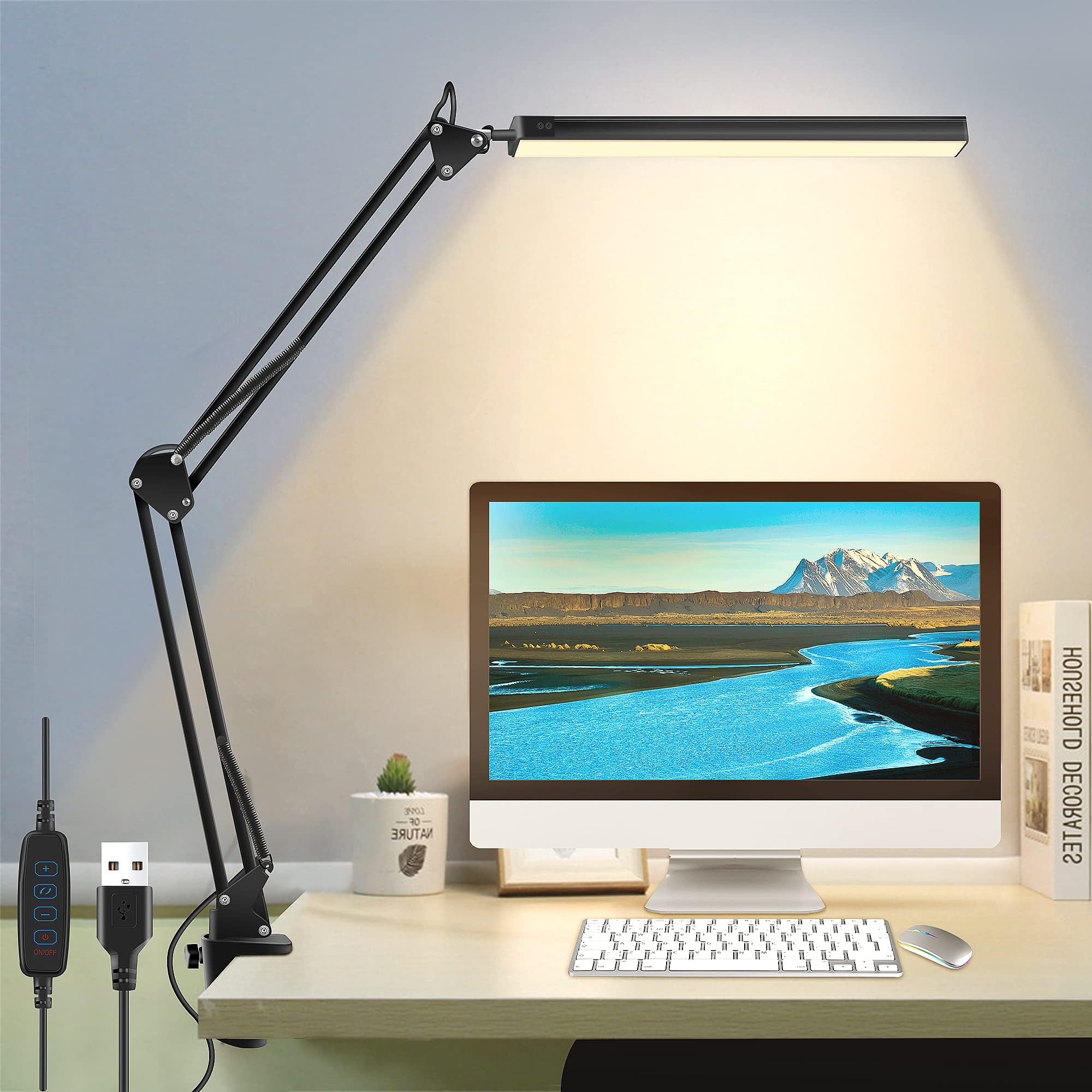 LED Desk Lamp, Eocean Swing Arm Clamp Light, 3 Lighting 10 Brightness, Eye-caring Architect 360 Degree Spin Desk Light, Memory Function Table Lamps for Home Office, 10W(Black)