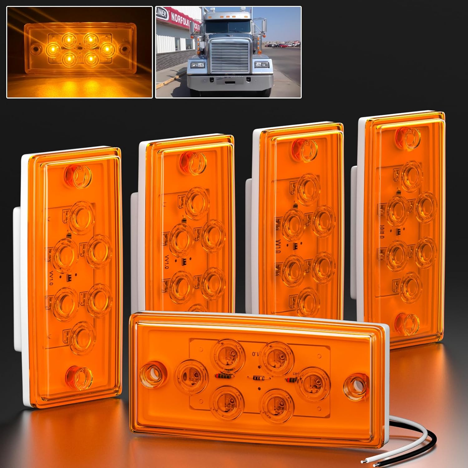 PSEQT Rectangular Roof Cab Marker Light Compatible with Freightliner 564.46072, 22-51942-000, Amber 4.7'' 6LED Top Clearance Side Tail Indicator Lights Waterproof, 5Pcs