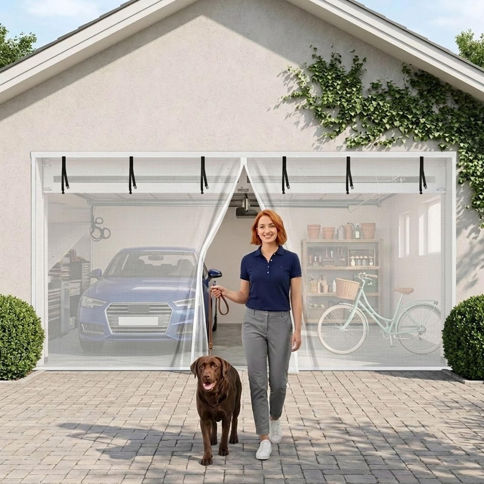 Voirda White Garage Door Screen For 2 Car Garage 240X180cm-470X230cm, Heavy Duty Magnetic Fly Screen Door Mesh, Retractable Anti Mosquito Net With Weighted Bottom For Patio Cellar(,270X220cm(Wxh))