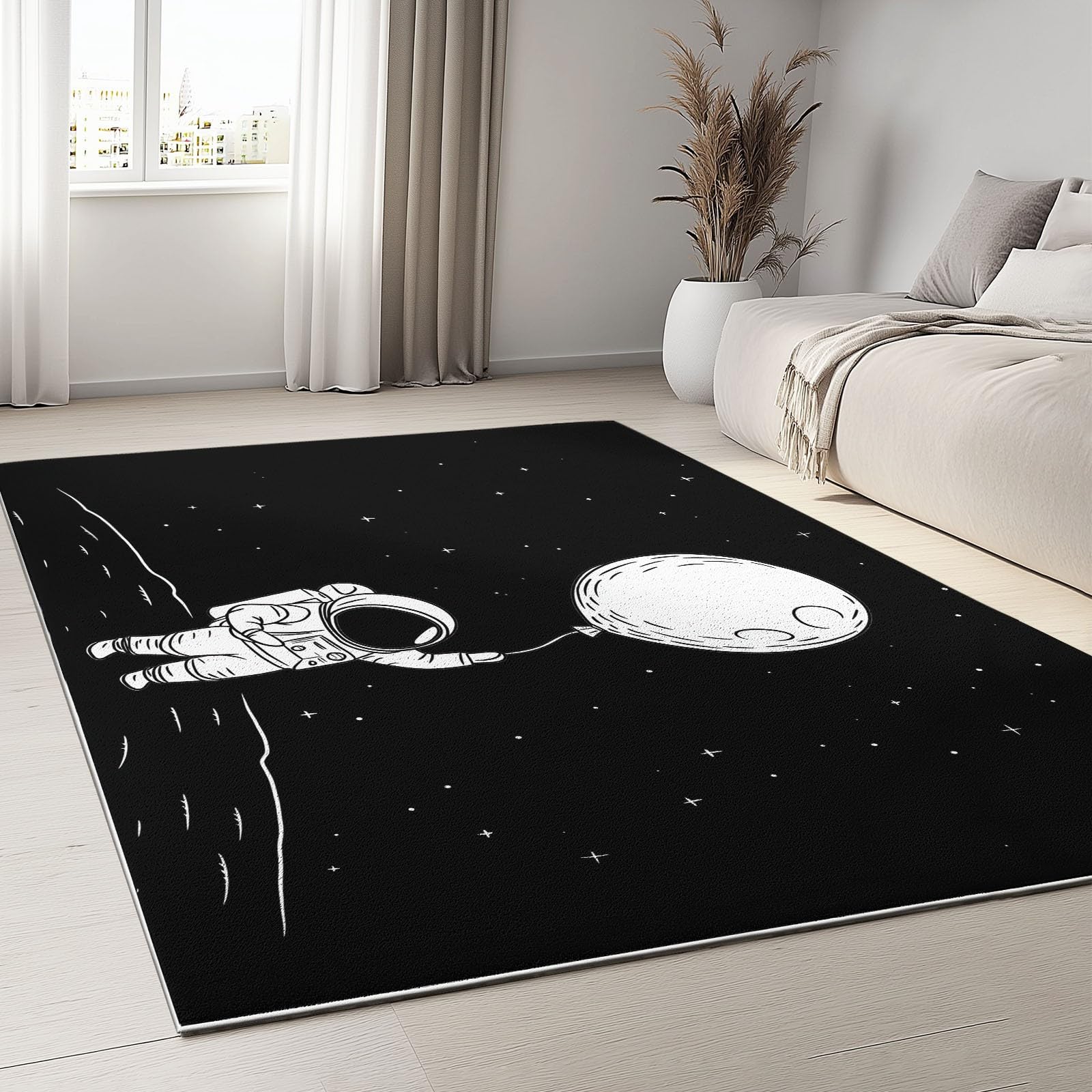 Tapis de salon moderne noir au dessin astronaute haute densité