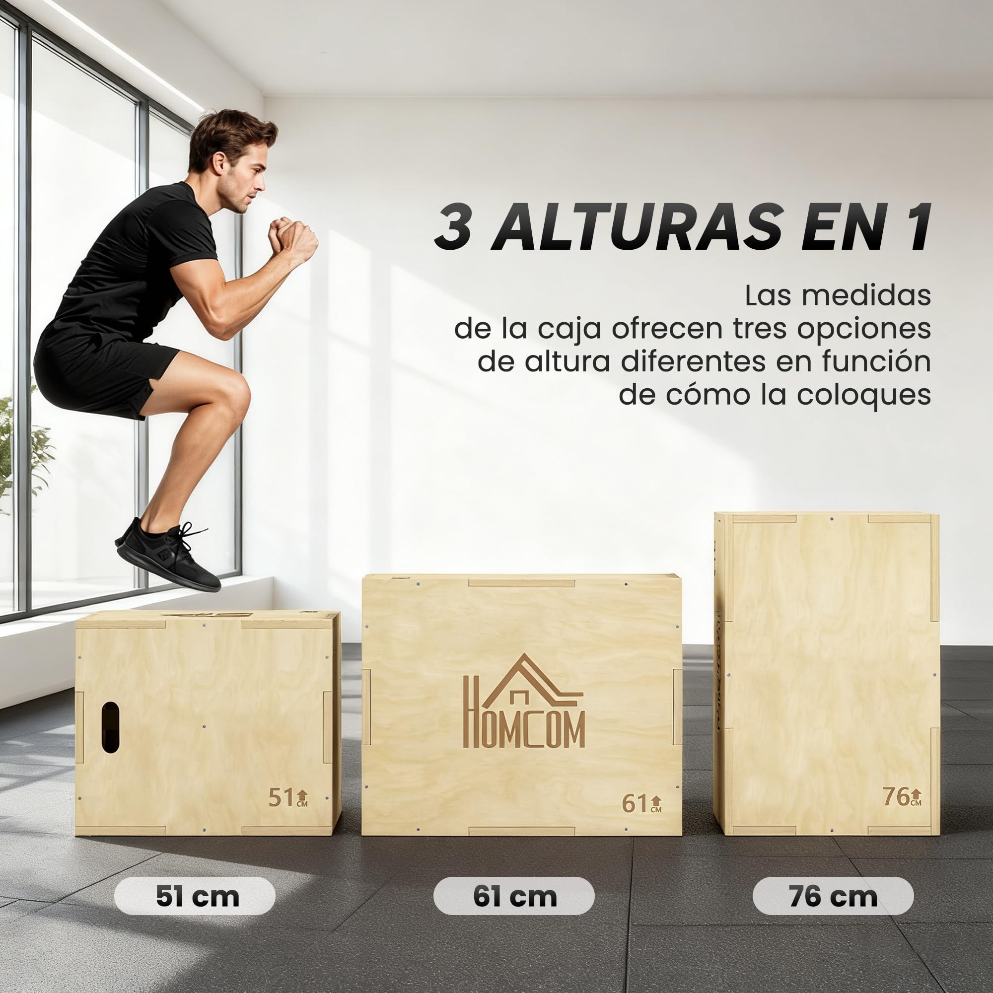 HOMCOM Cajón Pliométrico de Madera 3 en 1, Plataforma de Caja Pliométrica con 3 Alturas Diferentes, 2 Mango Hueco, Entrenamiento de Salto, Fuerza, para Casa, Gimnasio y Exterior, 61x51x76 cm