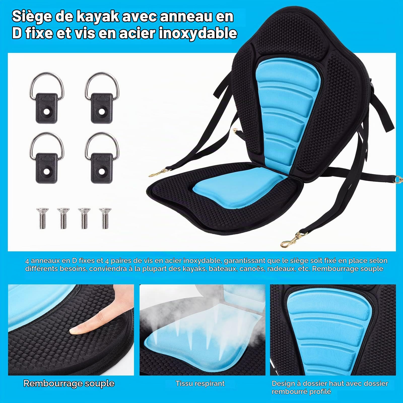 CAMULAND Siège de kayak, accessoires de kayak, siège de canoë avec support de dossier réglable siège universel, pour le kayak, la pêche et le rafting