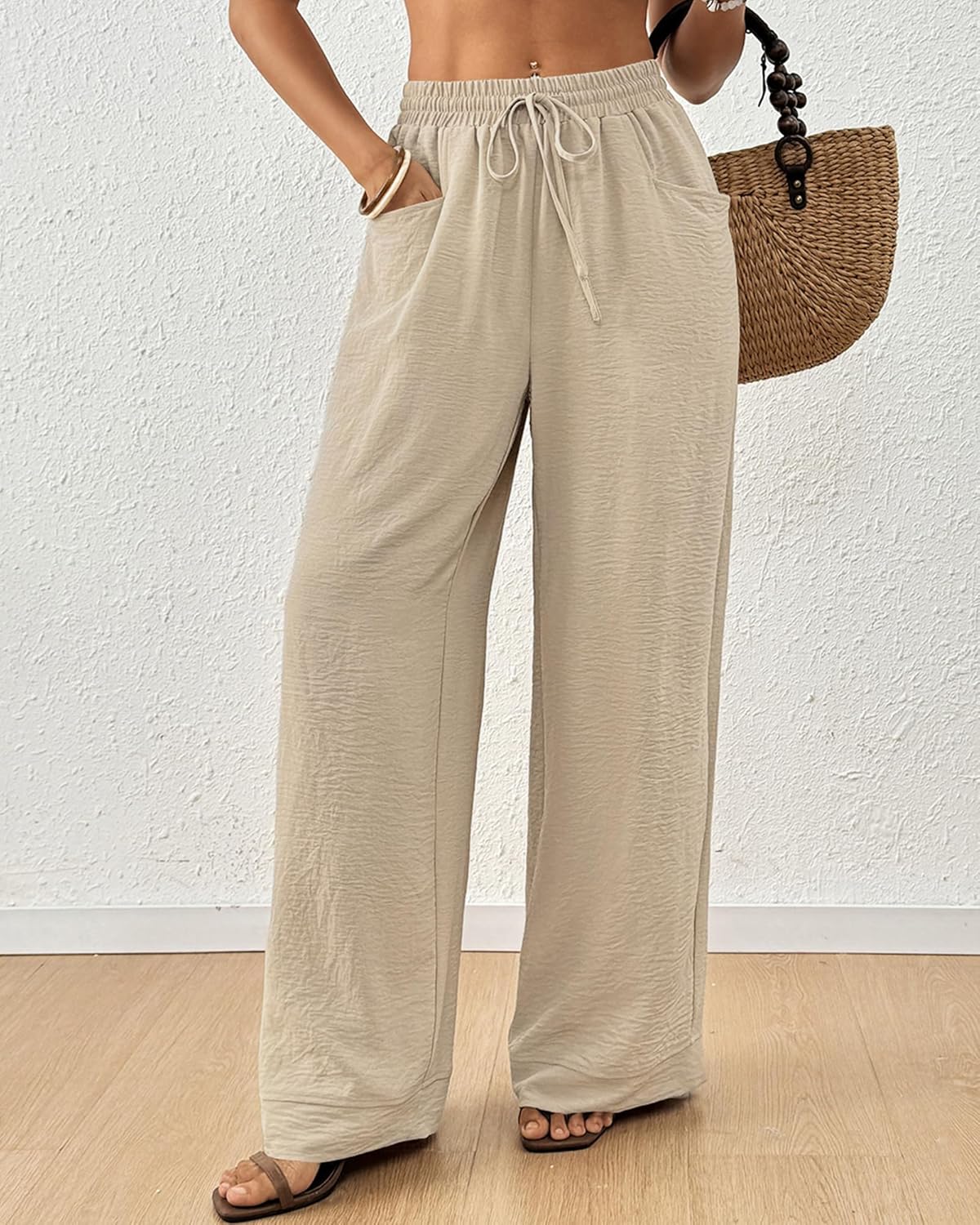 Bsubseach Womens Wide Leg Pants Summer Casual Palazzo Pant Flowy Drawstring High Waist Beach Lounge Trousers with Pocket - Image 3