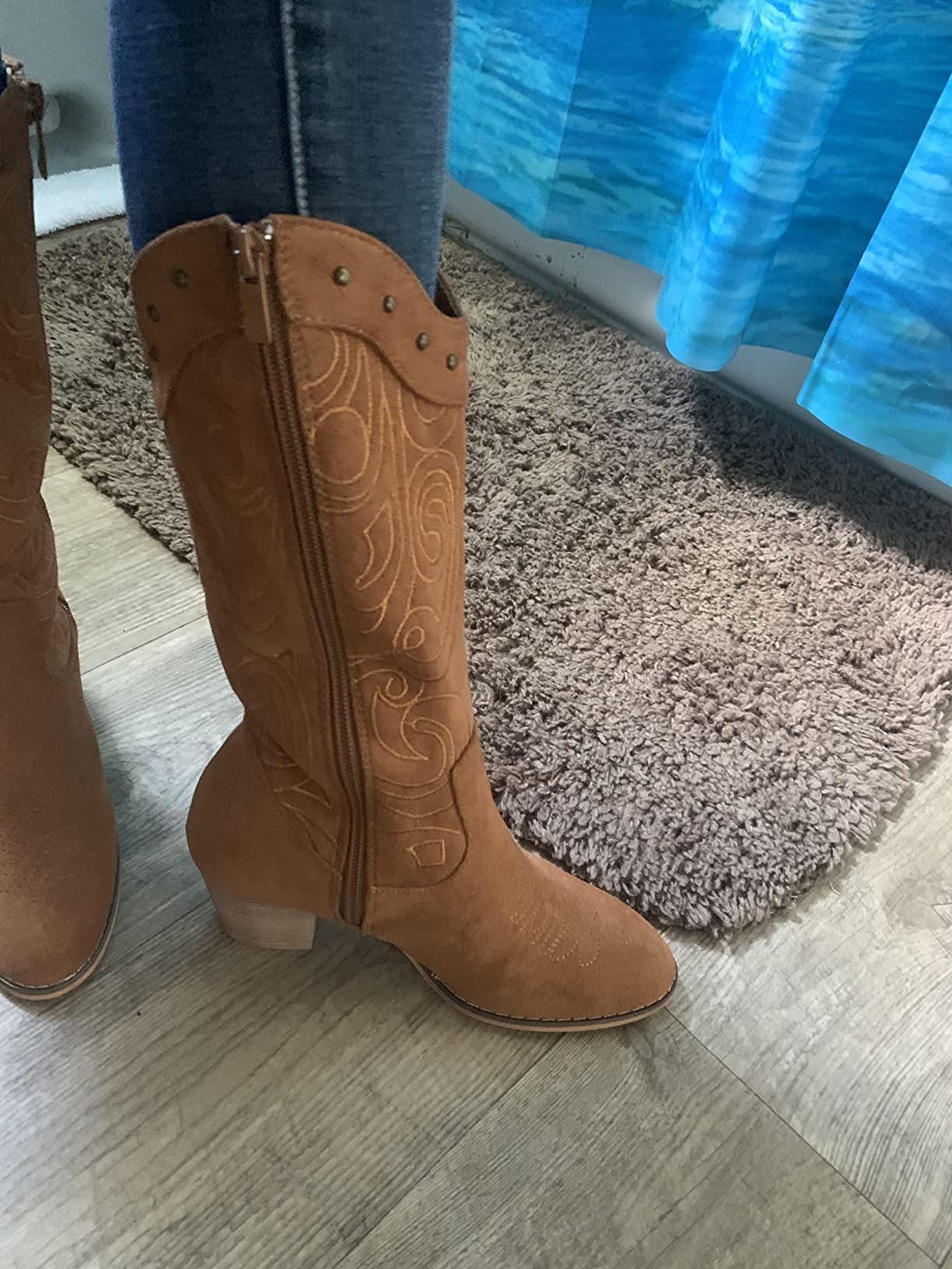 SHIBEVER Women's Wide Calf Cowboy Boots - Pointed Toe, Chunky Heel, Suede Embroidered Mid-Calf