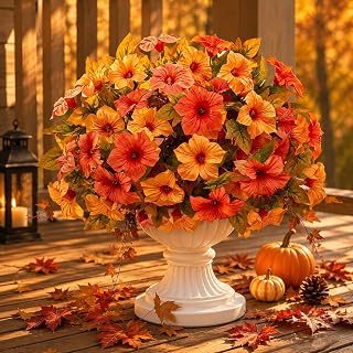 ICX 4pcs Artificial Fall Flowers for Outside, Faux Petunias Autumn Decor | Fake Flowers Plants UV Resistant Look Real Faux Silk Flowers for Garden Balcony Window Box Yard Porch Decor-Orange