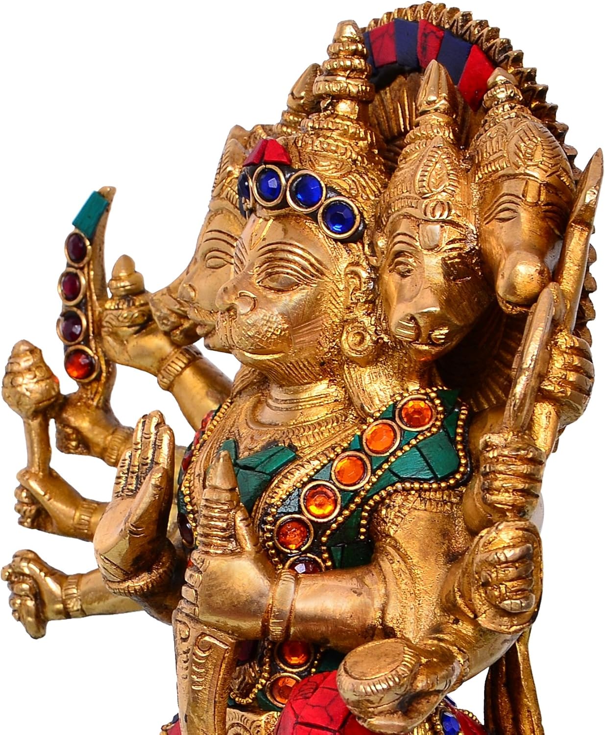 Purpledip Brass Statue Lord Hanuman in Pancha-mukhi Avatar: Handmade Idol with Gemstones for Home Temple (10682) - Image 5