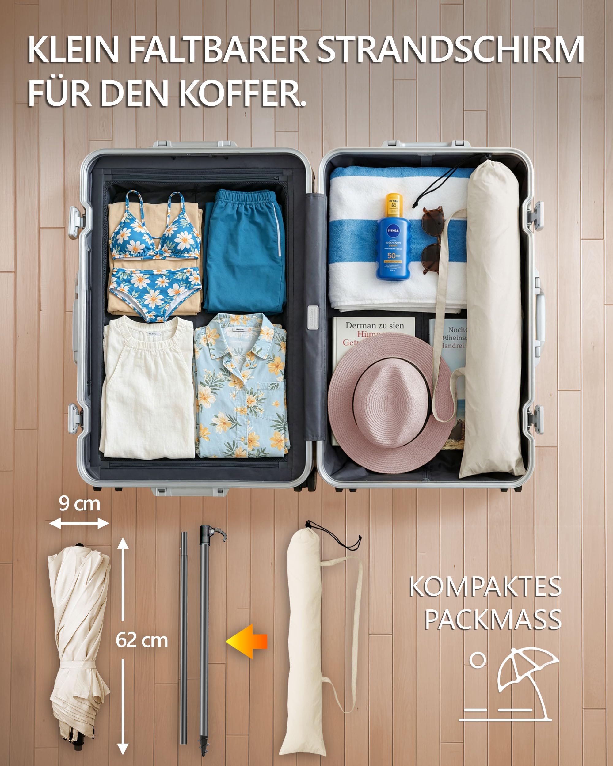 Menz Sonnenschirm Strand Ø 160 cm - Funktioneller Reise Sonnenschirm UPF 50+ für Koffer - Praktischer Strandschirm klein faltbar, kompakter Strandschirm koffertauglich