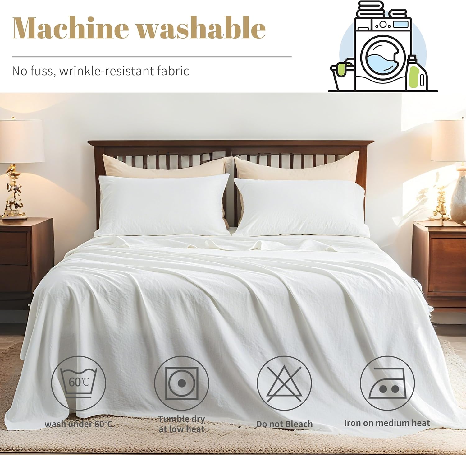 FALUCA Belgian Linen Cotton Sheet Set 4-Piece (1 Flat Sheet, 1 Fitted Sheet & 2 Pillowcases) - Soft, Breathable & Cozy Farmhouse Bedding for Hot Sleepers, Natural Flax Blend - Queen Size, White - Image 5