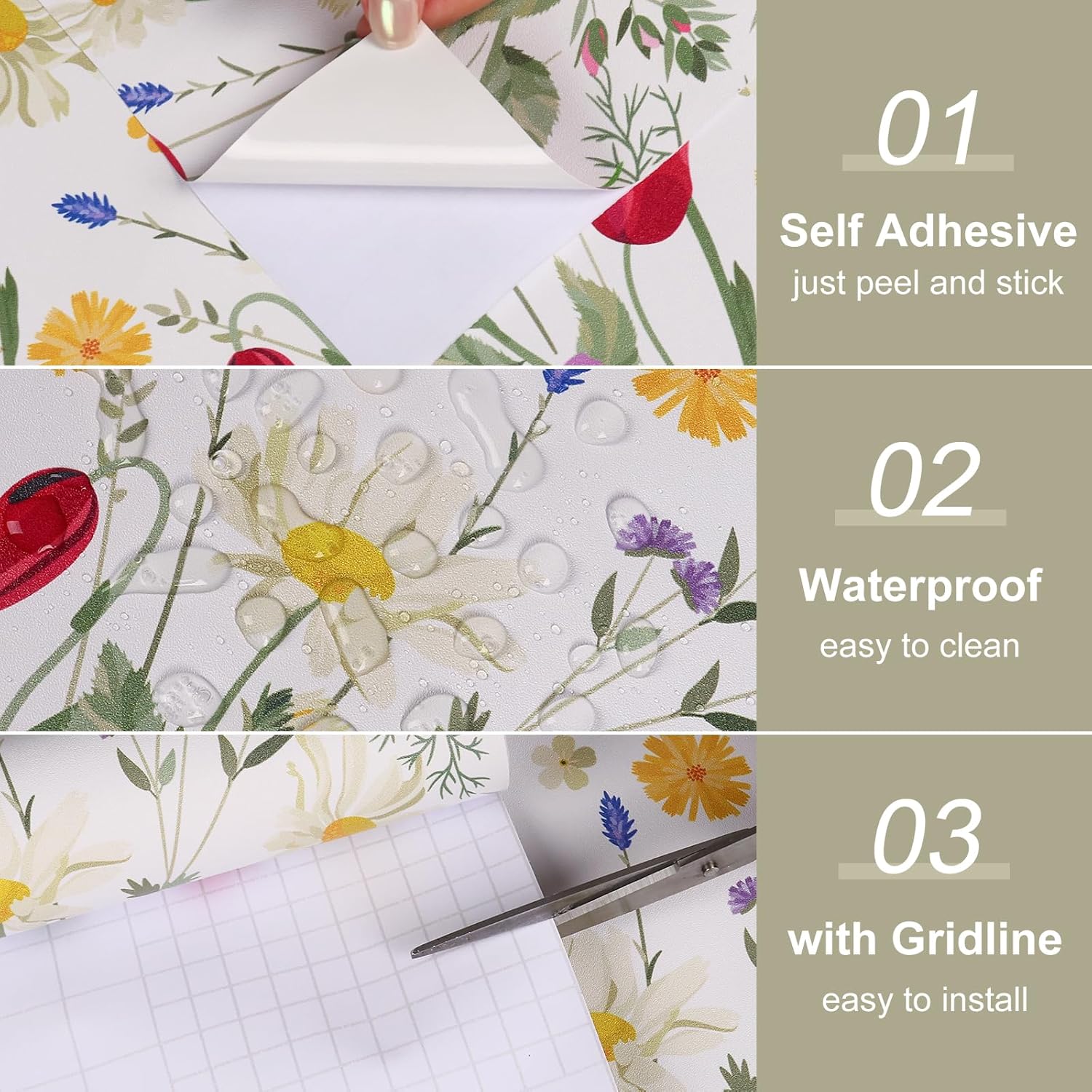 Wildflowers Floral Peel and Stick Wallpaper Purple Red Yellow Colorful Spring Floral Wallpaper Contact Paper Removable Daisy Flower Botanical Leaf Wallpaper for Bedroom Bathroom 12"x118"