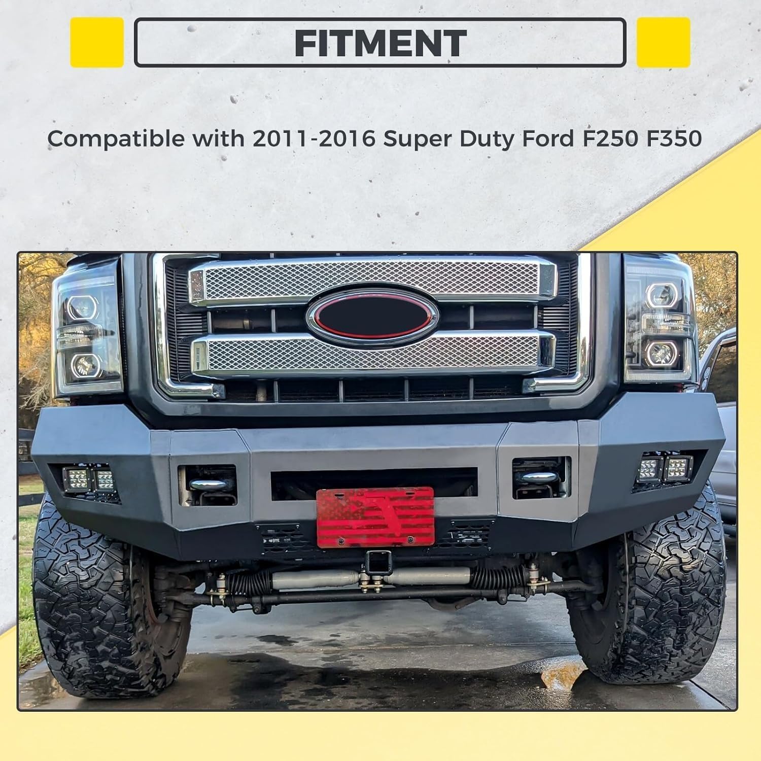 KUAFU Front Bumper Compatible with 2011-2016 Ford F250 F350 Super Duty W/Cube LED Lights Steel Powder Coated Black 3 Pcs (Two Packages)
