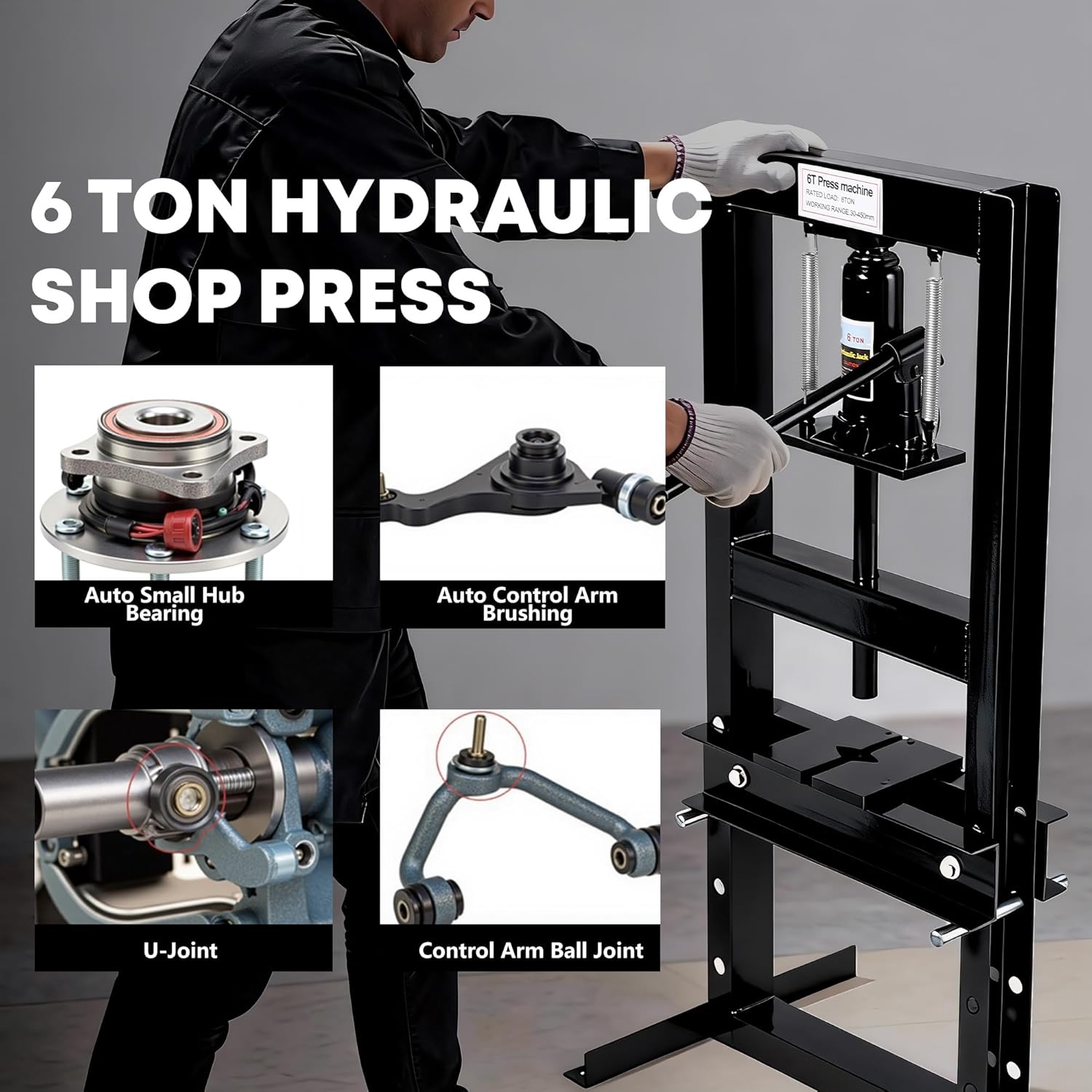 6 Ton Hydraulic H-Frame Shop Press with Adjustable Table & Stamping Plates for Auto Repair, Garage Use, Metalworking, Black