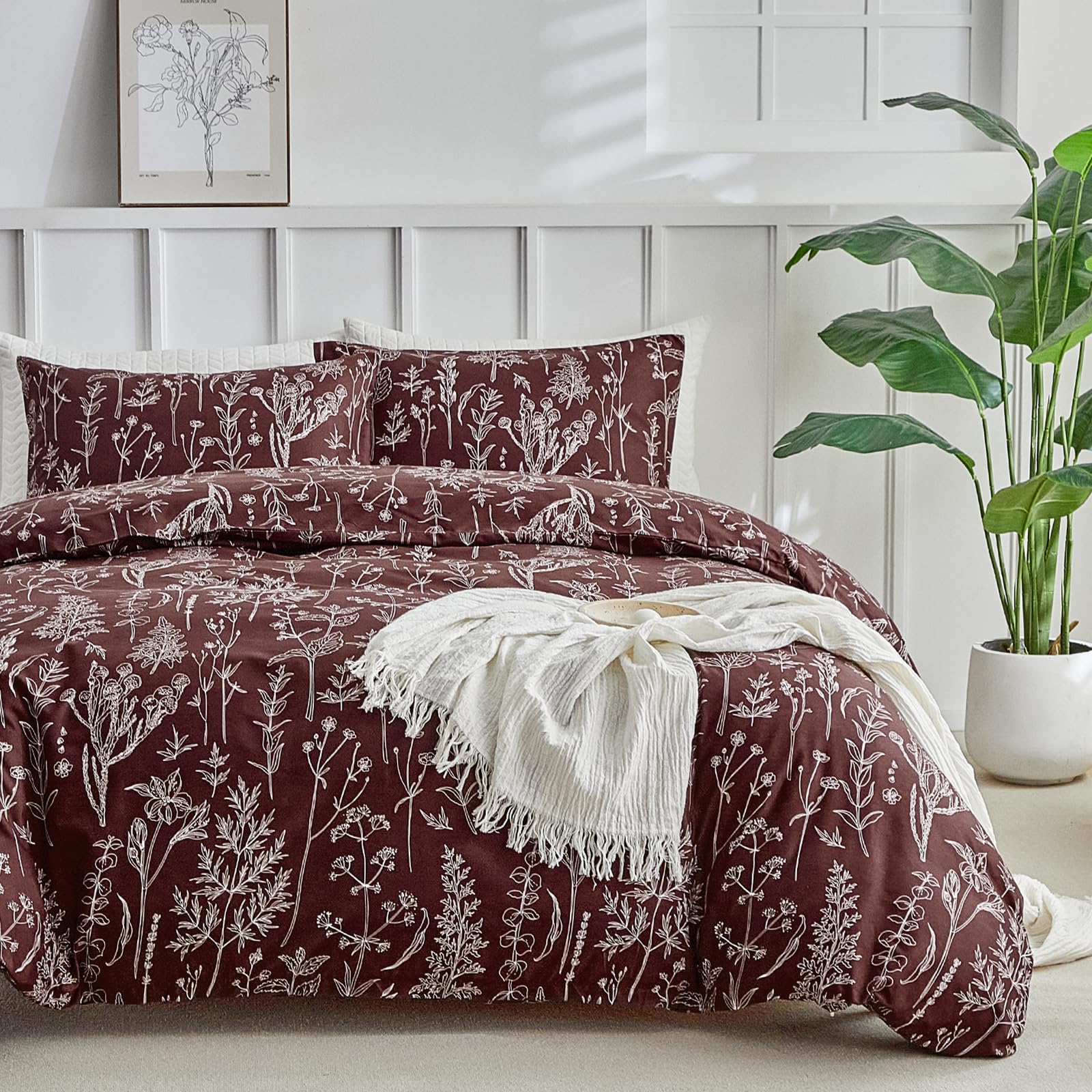Lekesky DarkRed Duvet Cover Queen Size 3-piece, White Floral