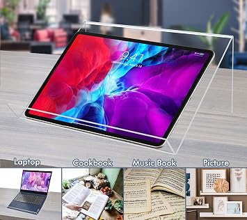 Kamehame Book Stands for Display, 2 Pack Slightly Elevated Clear Acrylic Book Display Stand with 1.5 Ledge, Book Easel Anti-slip Border for Handwriting Reading Art and Laptop, 12x8.5x5.1