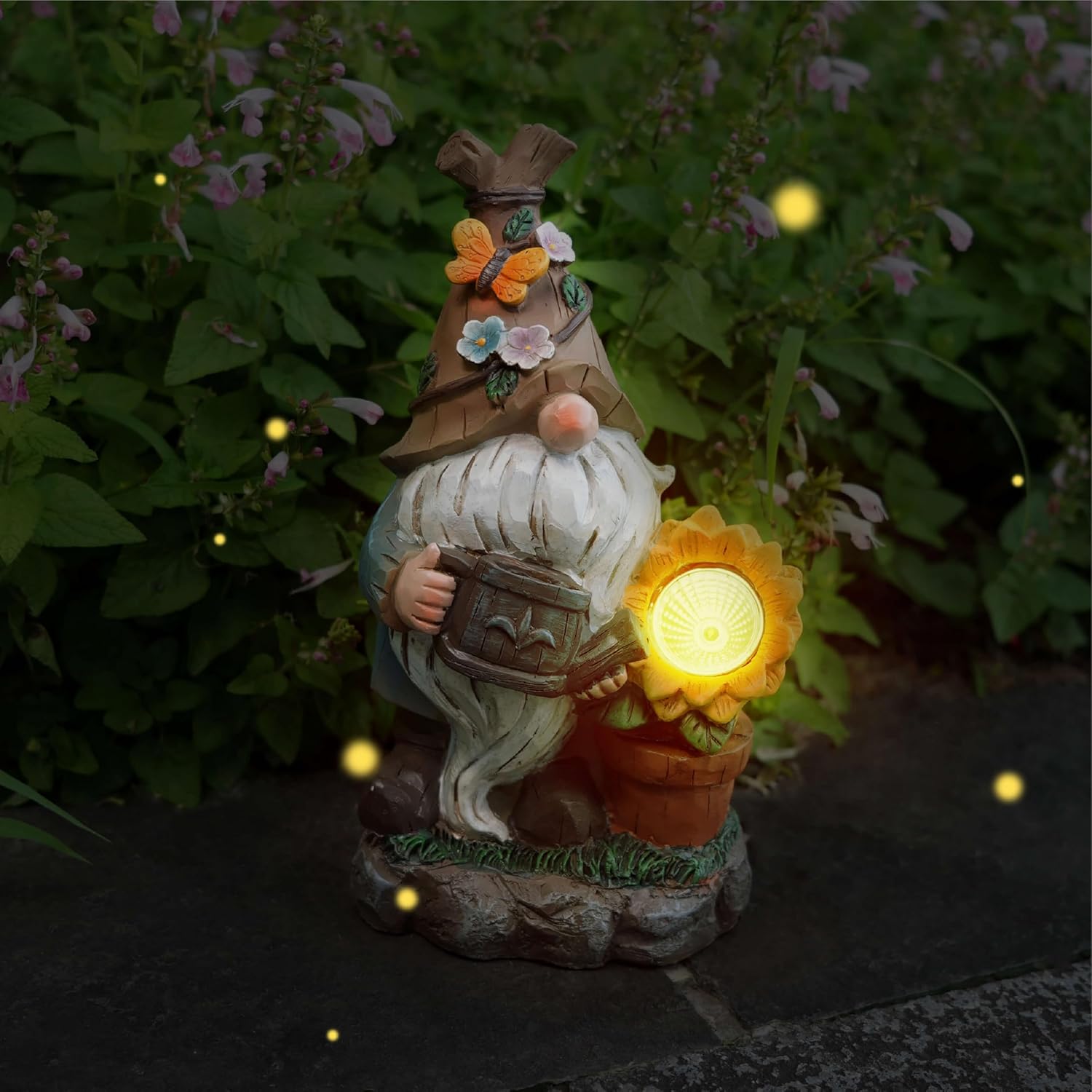 Solar Garden Gnome Statue Light, Outdoor Resin Figurine for Yard, Lawn, Patio Decor – Motorcycle or Sunflower Design (Gnome Watering Flower)