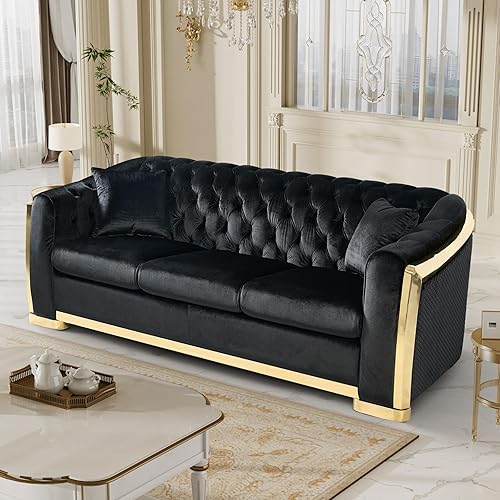 Miniatura 7 de Sofá Chesterfield moderno de mediados de siglo, sofá de terciopelo de 84 pulgadas, sofá biplaza curvo de lujo para sala de estar, sofás copetudos de