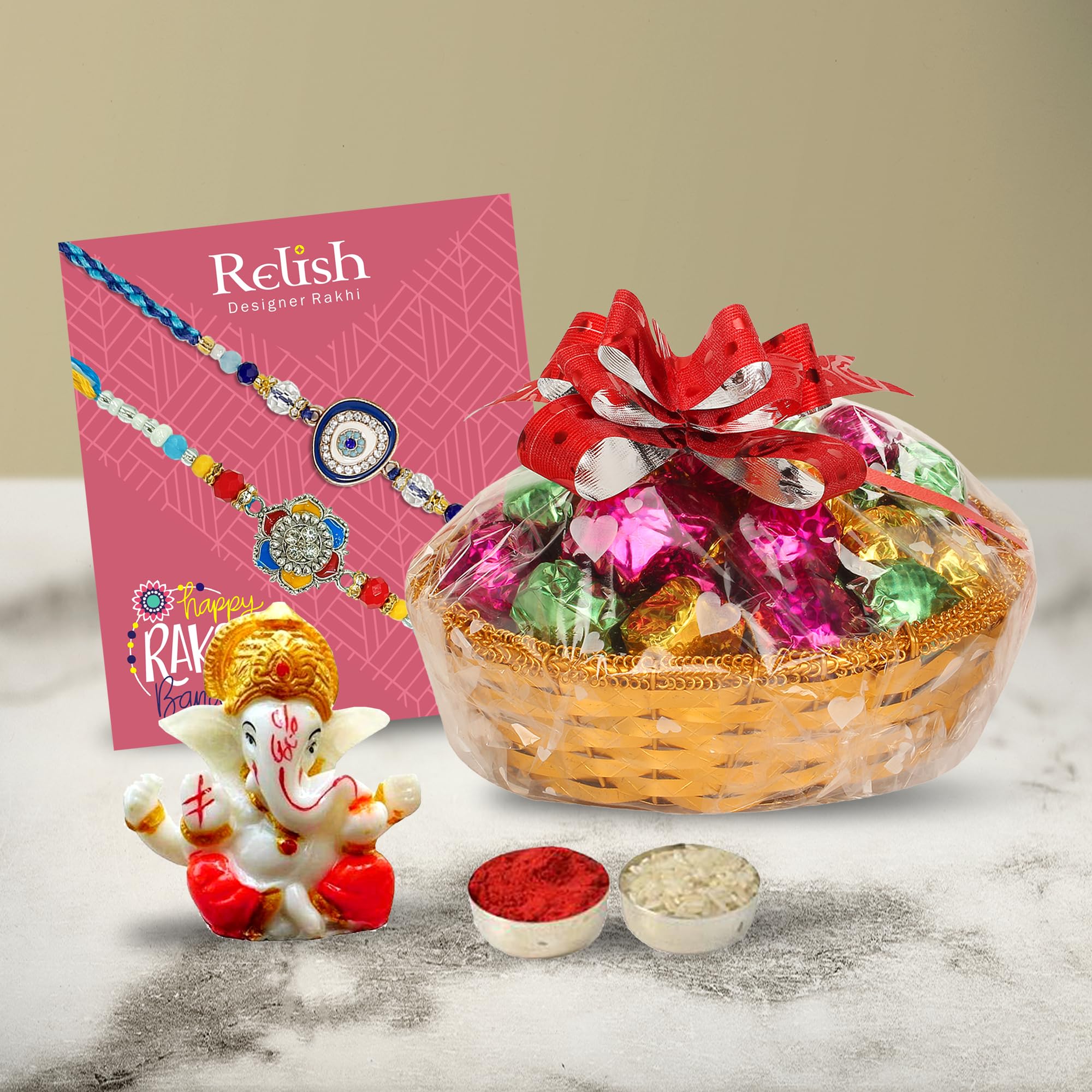Chocoloony Fancy Rakhi Gift Set, 20 Pieces Chocolate Basket, Ganesh ji  Murti and 2 Rakhi, Roli-Chawal Gift Box | Raksha Bandhan Chocolate Gift  Hamper ...