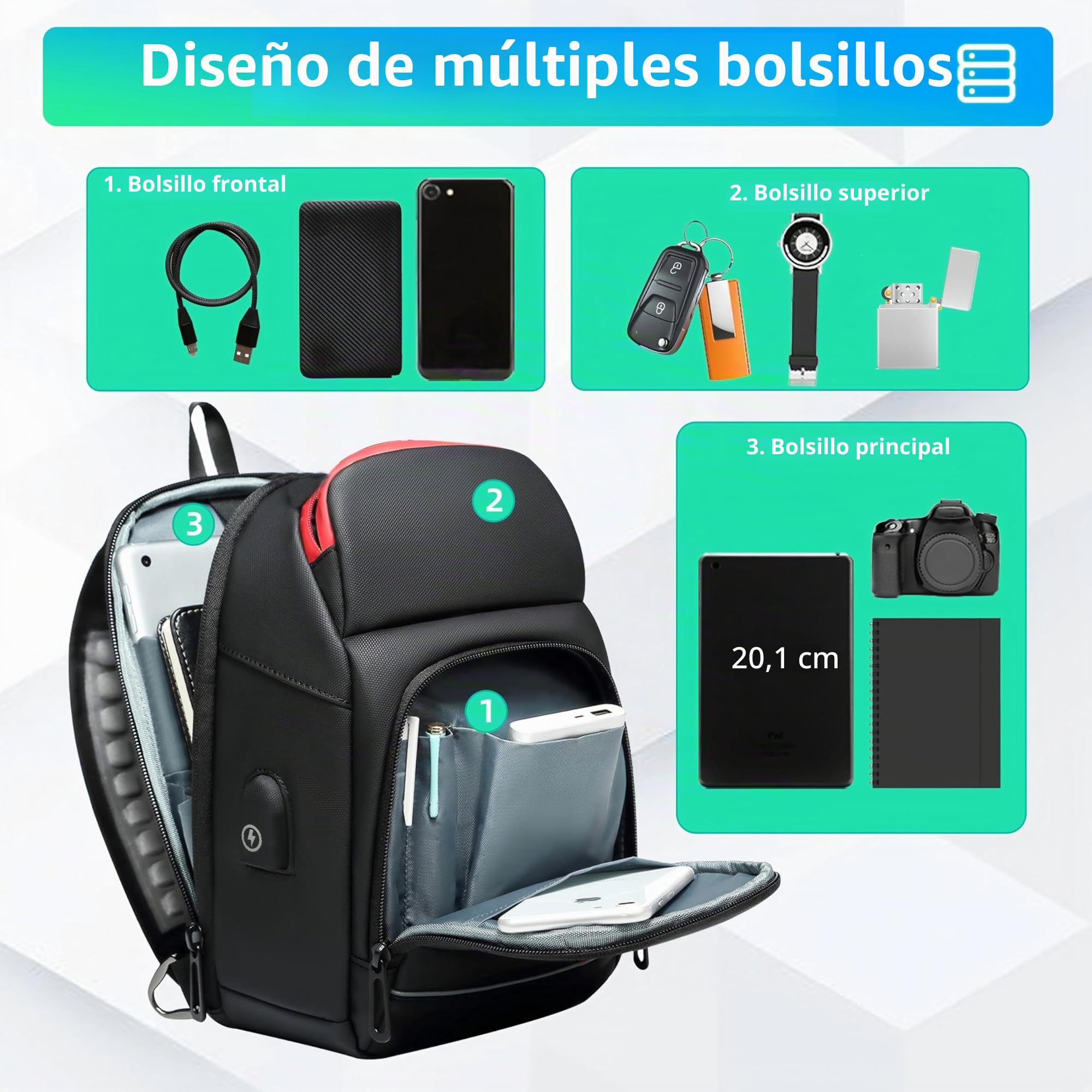 Mochila Cruzada Hombre Bolso Pecho Impermeable 7,9" Bandolera Cruzada con USB Bolso Práctico Para Viaje Deporte Oficina Unversidad-Negro