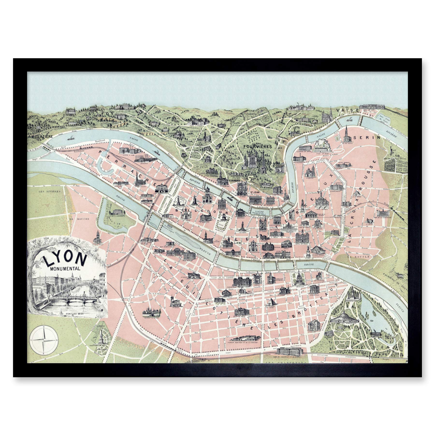 Wee Blue Coo Lyon City France Vintage Map Art Print Framed Poster Wall Decor 12x16 inch