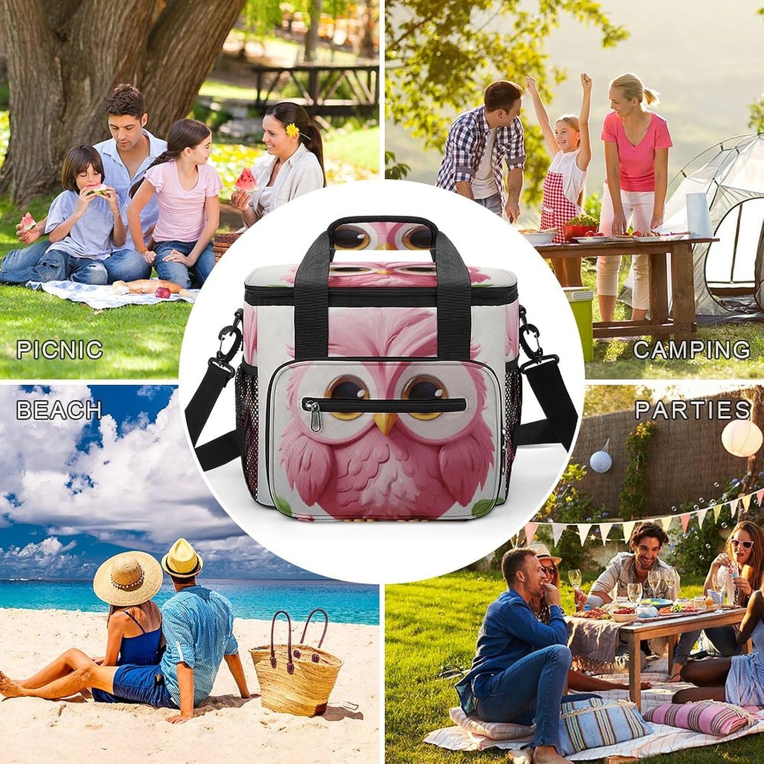 A Pink Owl Cooler Bag Portable Insulated Lunch Bags Leakproof Ice Chest Large Capacity Soft Cooler Tote for Picnic Camping Work Travel Keep Food Drinks Fresh 22.5L