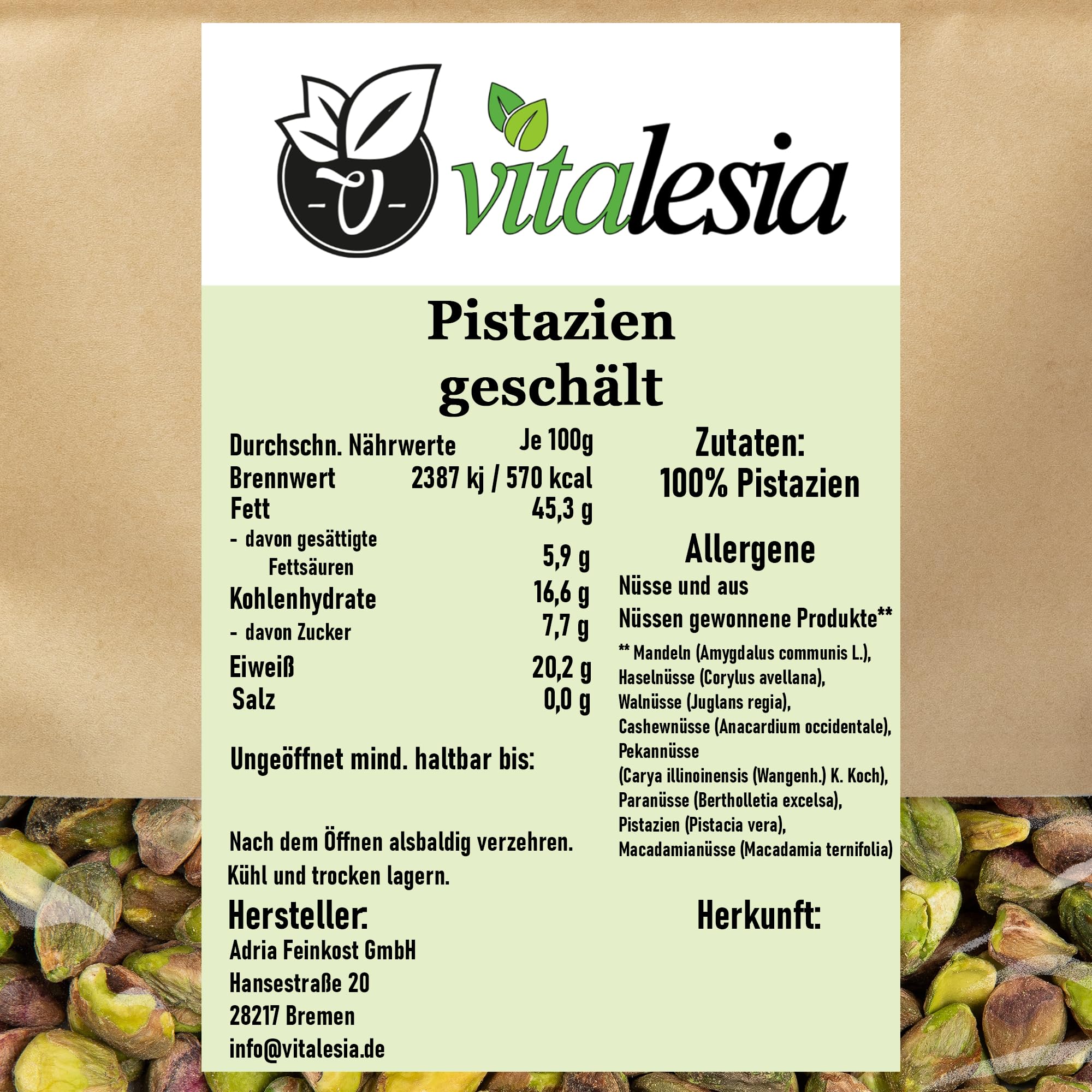 Vitalesia Pistazien geschält naturbelassen 100 % | ungeröstet & ungesalzen | Premium Pistazienkerne | Frischebeutel wiederverschließbar | ohne Zusätze | vegan (1000g)