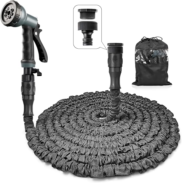 Garden Hose Pipe 100 FT Expandable Garden Hose with 3/4", 1/2" Fittings, Anti-Leakage - Flexible Expanding Hose with 8 Function Spray Nozzle(100FT, Black)