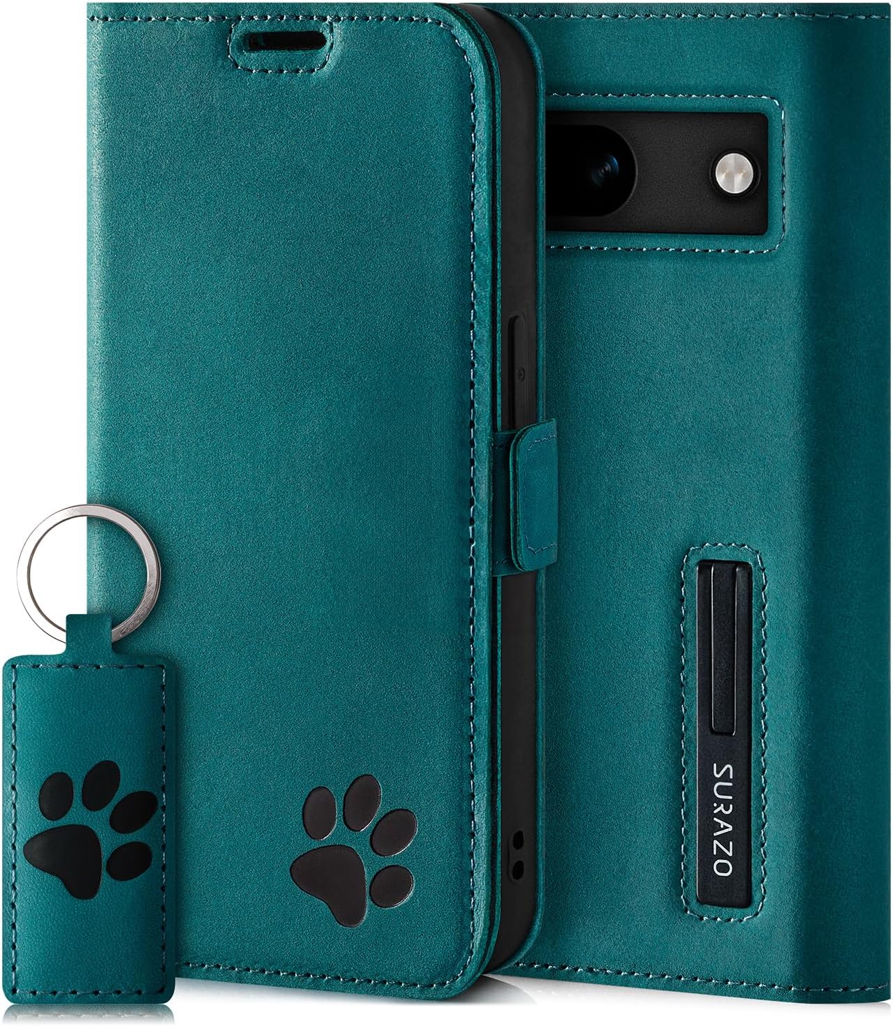 SURAZO Slim Magnetic Mobile Phone Case for Google Pixel 8a - Genuine Leather Flip Case with Paw Motif, RFID Protection, Stand Function, Card Slot