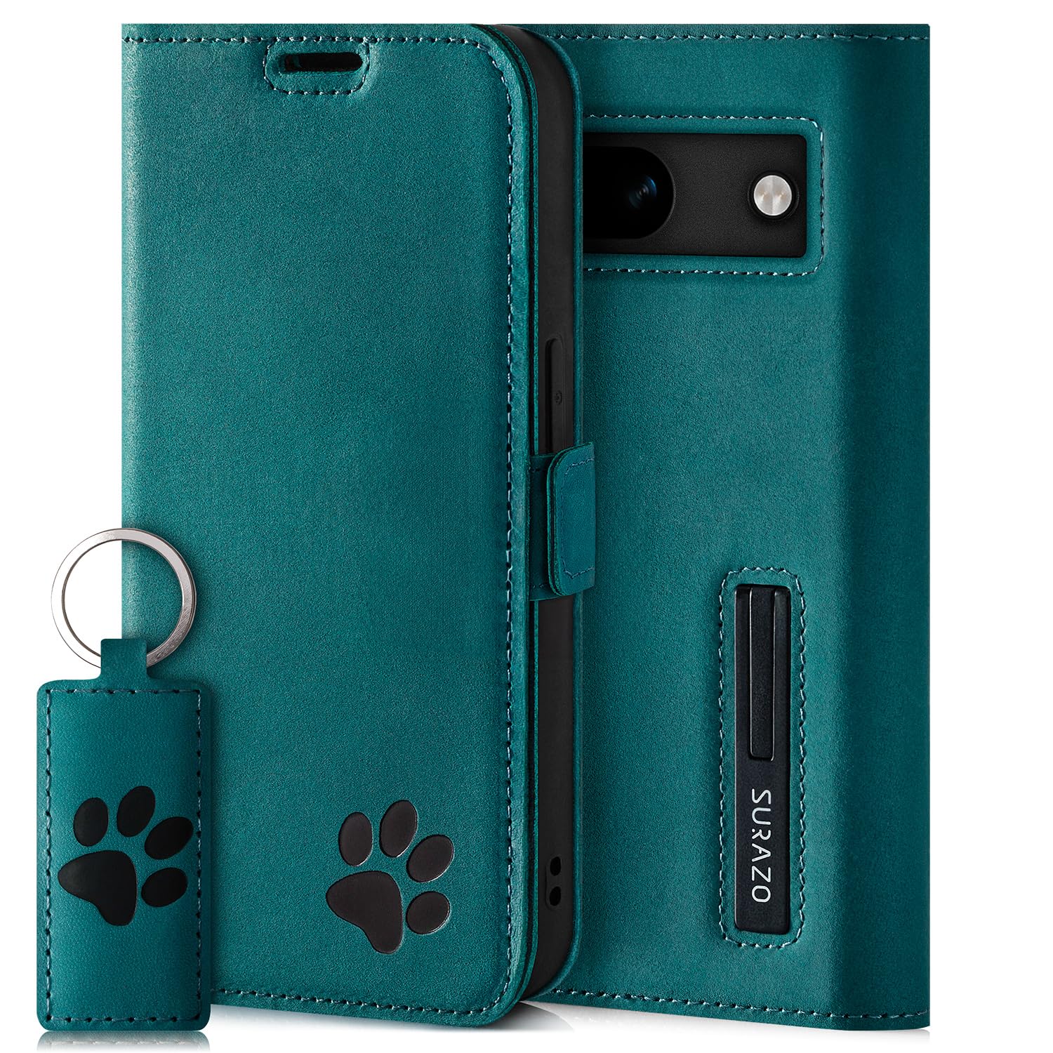 SURAZO Slim Magnetic Mobile Phone Case for Google Pixel 8a Leather Case - Genuine Leather Protective Case Paw Motif - RFID Flip Case [Stand Function, Card Slot] Flip Cover Case Leather Case