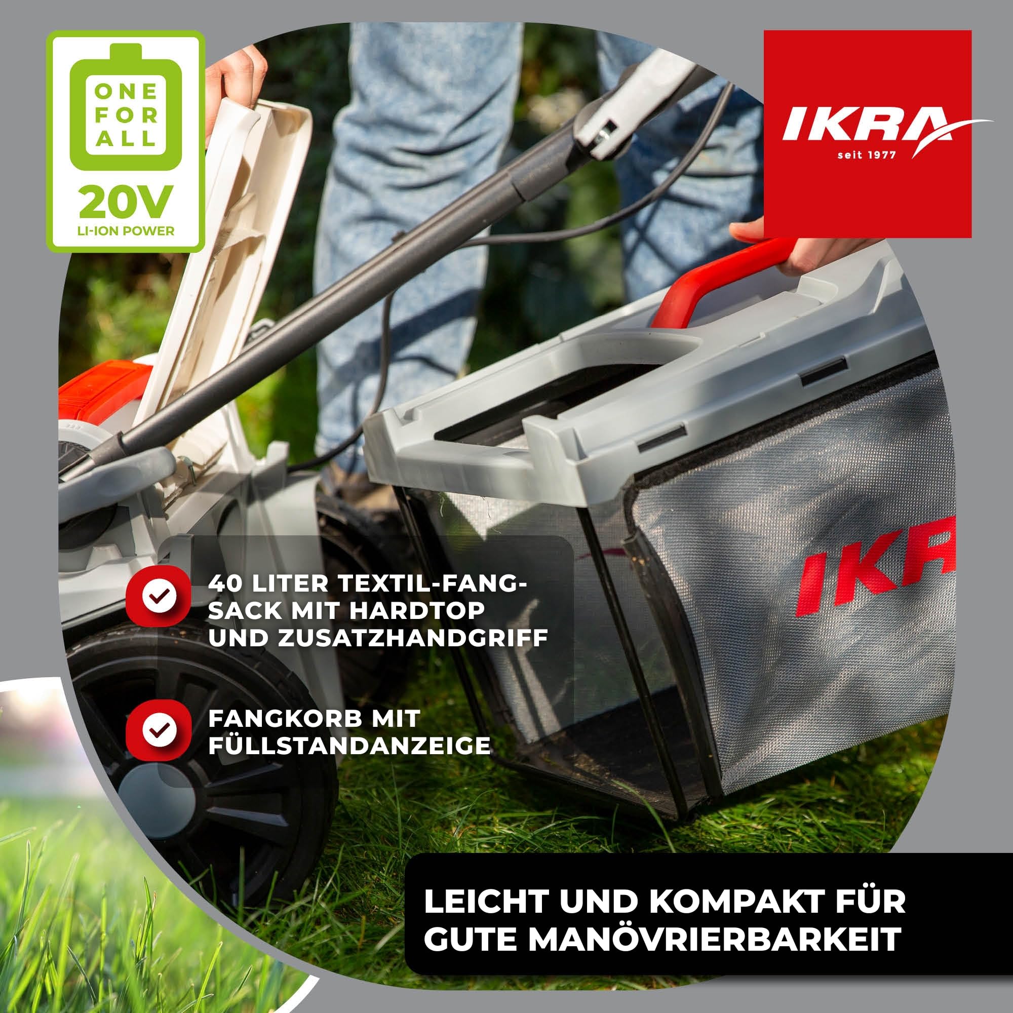 IKRA Rasenmäher ICM 2/2037, Breite 37cm, inkl. 2 Akkus 20V & Ladegerät | Schnitthöhe 25-75mm, Mulchmäher für Rasenflächen bis 250m², Holm höhenverstellbar, Fangsack 40l, 20V-Akku-Familie von IKRA